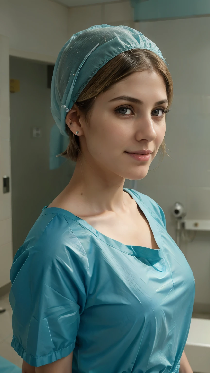 Ultra realistic, pediatric girl patient (Carly Pope) young ager girl, 13 y Beautiful, detailed face, detailed eyes, (realistic skin:1.3), (pale skin:1.1), (textured skin:1.3), (()), big smile, (iphone photograph), (perfect small breasts:1.1), ), (artificial lighting:1.3), standing in medical changing room, beautiful face, big eyes, big smile, detailed face, wears teal nylon patient gown , putting long patient gown on, back-tied patient gown, female figure, high closed crew-neck, bokeh, all wearing large teal nylon bouffant cap , , large surgical bouffant cap covering hair and ears, ultra-short blonde hair fully covered by nylon shower cap, no hair tails, standing in hospital room