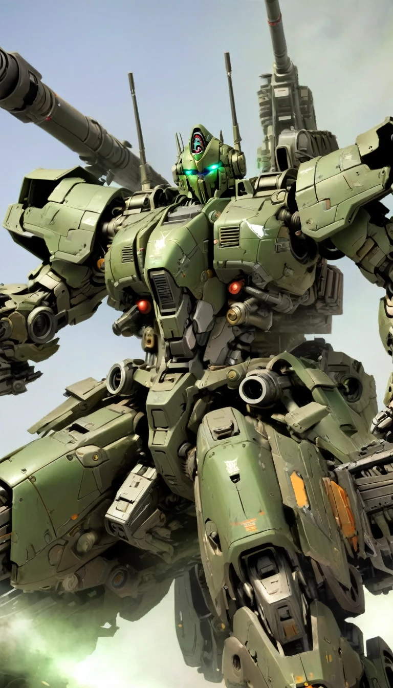 A large robot, painted olive drab. Glowing green eyes match a glowing green cannon that makes his right hand, and helicopter blades rest on his left side forearm, flying through the air, with small missile launchers firing rockets from his shoulders