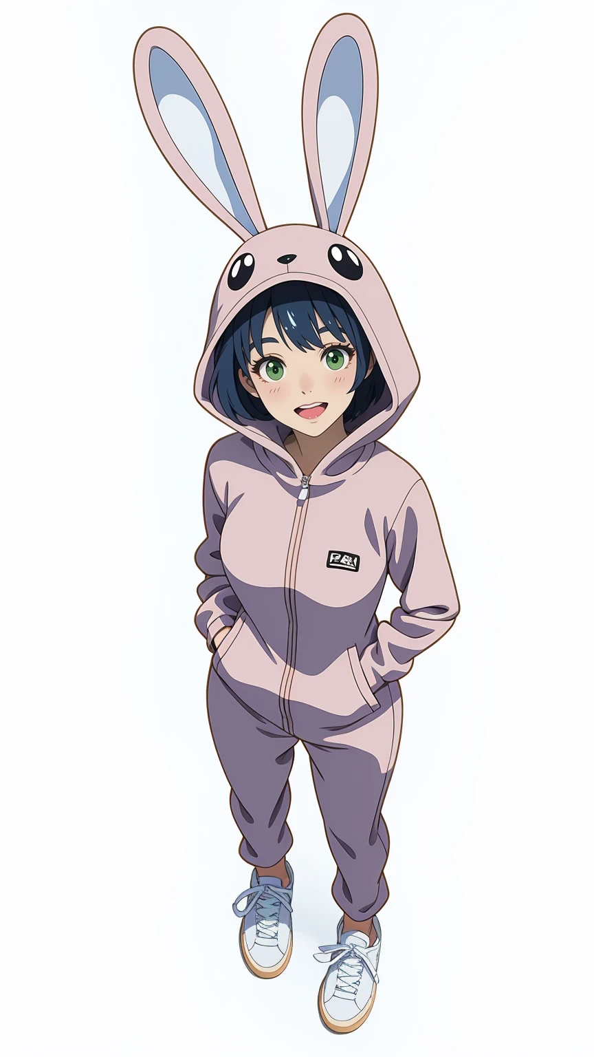 A woman wearing a bunny onesie, sneakers, happy, looking at viewer, full body, standing pose, masterpiece, best quality, (viewed from above:1.5), (simple white background), lineart, anime style
