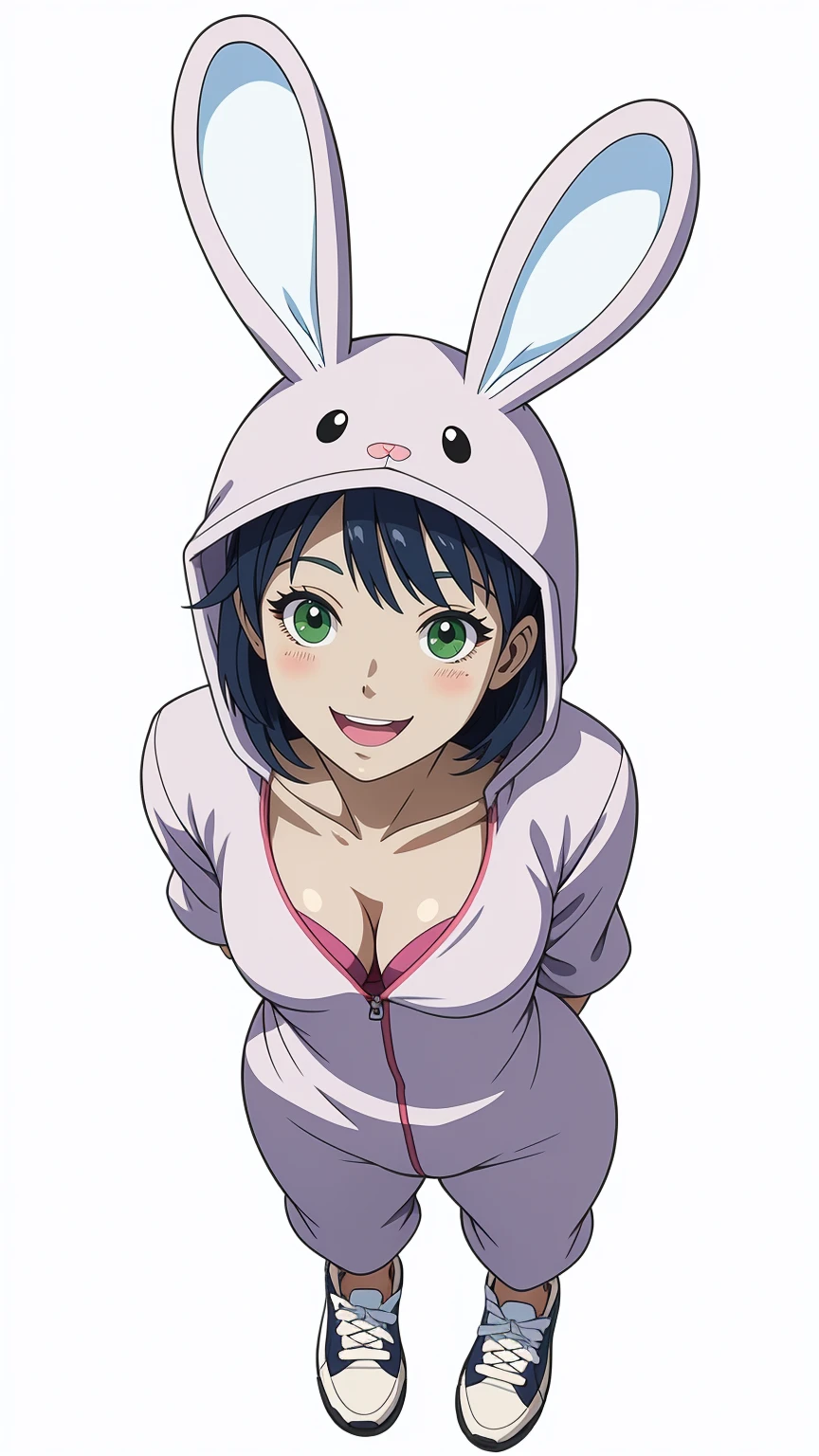 A woman wearing a bunny onesie, sneakers, happy, looking at viewer, full body, standing pose, masterpiece, best quality, (viewed from above:1.5), (simple white background), lineart, anime style
