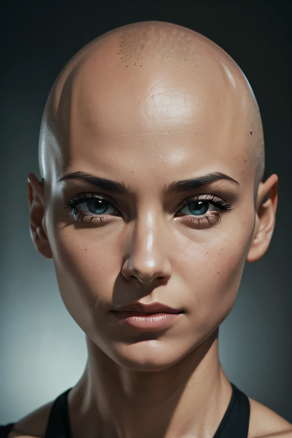 woman, face, bald, front view, close up, hyper realism