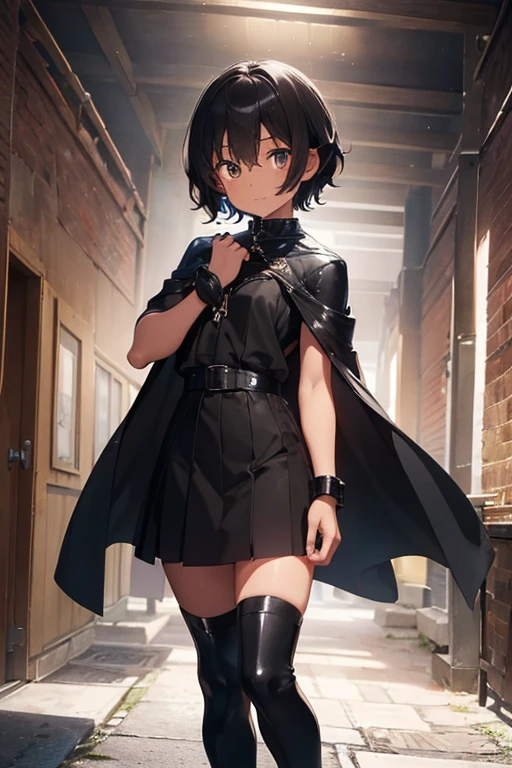 (Boy),(anime),(dark brown skin color),(height 1.80),(short black curly hair Brazilian style),(brown eyes),(16 year old teenager),(young man),(Average physical height of a teenager),(wearing),+,(an outfit worn by a 5th century European emperor who composed For a shiny black cape and black boots with black tones and a black blouse with black tones and a black leather bracelet on each arm)