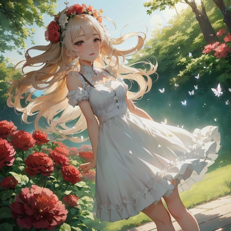 anime girl in a white dress with a flower in her hair,  in dress, cute anime waifu in a nice dress, guweiz on pixiv artstation, splash art anime , guweiz on artstation pixiv, beautiful anime girl, , beautiful anime portrait, smooth anime cg art, beautiful anime artwork, beautiful anime art