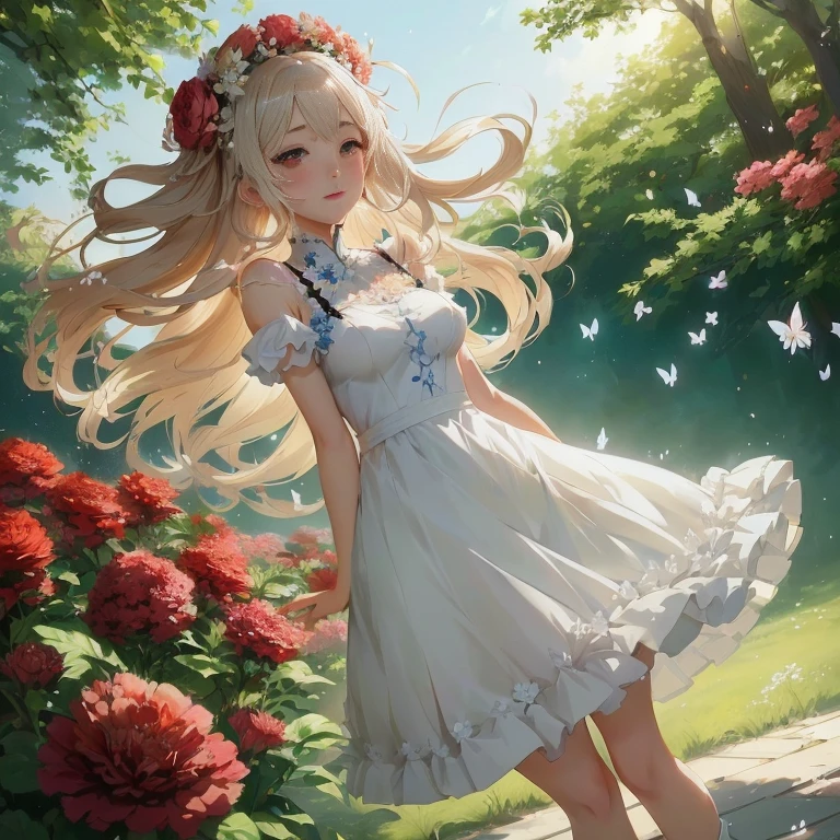 anime girl in a white dress with a flower in her hair, in dress, cute anime waifu in a nice dress, guweiz on pixiv artstation, splash art anime , guweiz on artstation pixiv, beautiful anime girl, , beautiful anime portrait, smooth anime cg art, beautiful anime artwork, beautiful anime art