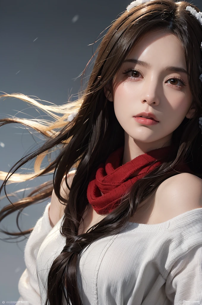 (in the dark:1.6), Hyperrealist portrait of female by david hockney and alphonse mucha,fantasy art, photo realistic, dynamic lighting, artstation, poster, volumetric lighting, very detailed faces, 4 k, award winning,, 1girl, profile、Black Hair、Shoulder-length hair、Hair blowing in the wind、white cashmere coat、Red scarf、Snow Scene、Looking up、Crying face