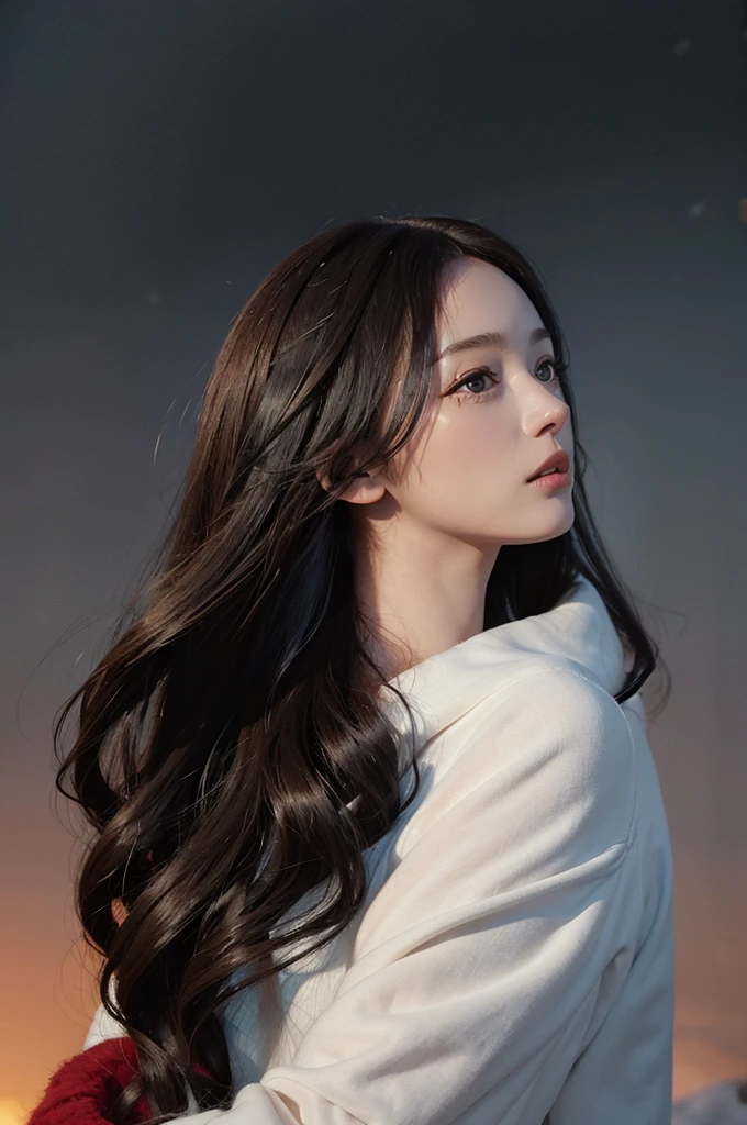 (in the dark:1.6), Hyperrealist portrait of female by david hockney and alphonse mucha,fantasy art, photo realistic, dynamic lighting, artstation, poster, volumetric lighting, very detailed faces, 4 k, award winning,, 1girl, profile、Black Hair、Shoulder-length hair、Hair blowing in the wind、white cashmere coat、Red scarf、Snow Scene、Looking up、Crying face