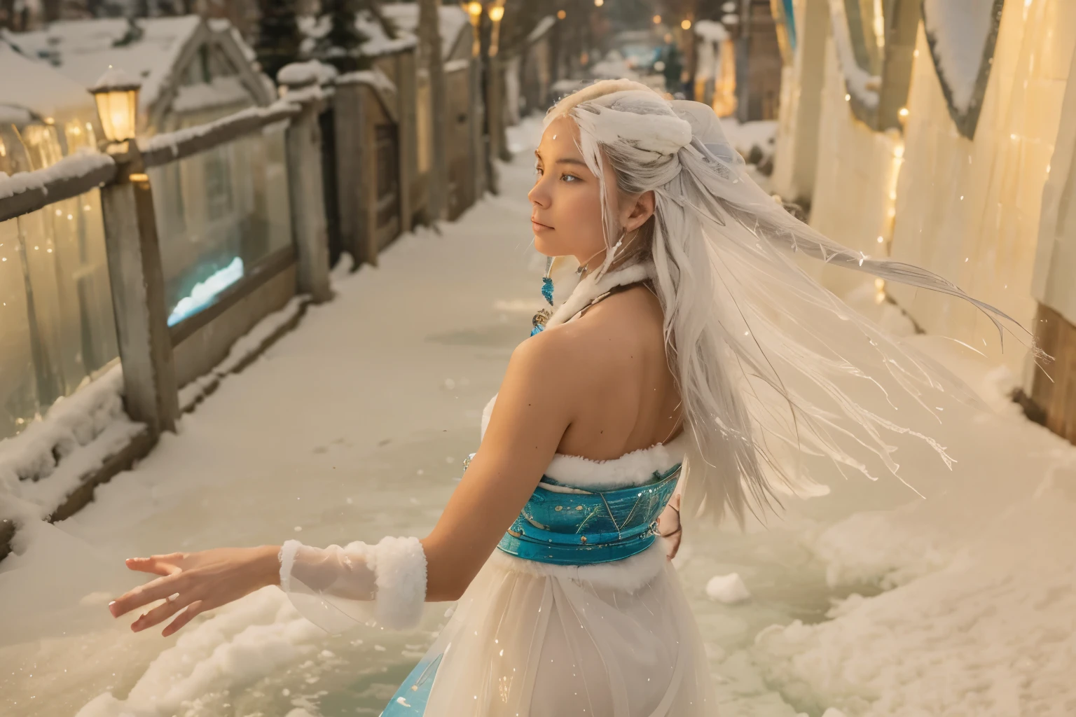 (Best quality, 8k, 32k, Masterpiece, UHD:1.2) "Imagine the majestic and serene Northern Water Tribe from Avatar: The Last Airbender. Describe an expansive city built entirely of ice and snow, nestled in the heart of the North Pole. The architecture is both grand and intricate, with towering ice palaces, elegantly curved bridges, and structures carved from solid ice, all shimmering under the soft glow of the Northern Lights.
The city is protected by massive ice walls and connected by a network of canals and waterways, which serve as the main thoroughfares for its inhabitants. Boats glide silently through these canals, piloted by Waterbenders who use their bending skills to navigate the icy waters. The air is crisp and cold, filled with the scent of fresh snow and the distant sound of water flowing.
The people of the Northern Water Tribe are dressed in thick, fur-lined garments to protect against the frigid temperatures. Their culture is deeply rooted in Waterbending and a harmonious relationship with the ocean and the spirits. Central to the city is the Spirit Oasis, a lush and warm sanctuary surrounded by a grove of trees, where the spiritual energy is palpable and the water is always warm.
Describe the daily life in the Northern Water Tribe, focusing on the communal activities, Waterbending training sessions, and the preparation for various cultural events and rituals. Highlight the sense of community and tradition, as well as the beauty and resilience of a people living in harmony with their harsh, yet stunning, environment." (fish-eye lens))