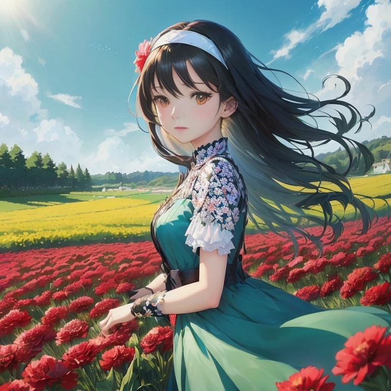 anime girl in a field of flowers with a blue sky, official artwork, official art, with flower fields as foreground, official anime artwork, rin tohsaka, smooth anime cg art, anime visual of a cute girl, beautiful anime portrait, high detailed official artwork, standing in a flower field, beautiful anime, anime moe artstyle,  in dress, official illustration