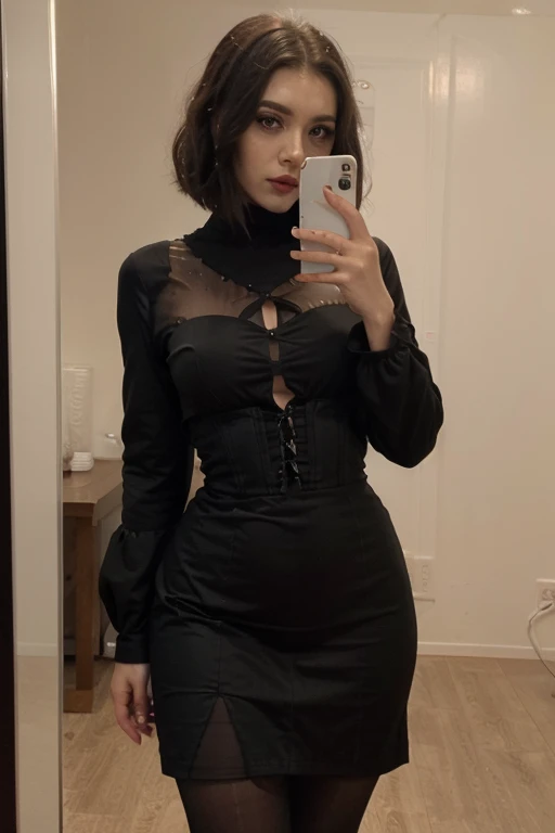 girl taking a selfie in the mirror, wearing Black modest goth dress That covers her entire body, long-sleeved dress, kimono-style sleeves, long skirt, waist-cinching corset (all body Covered) dark makeup, big eyeliner, full lips, dark red lips, short black weavy hair, curvy thin body, dark look, modest outfits, short hair