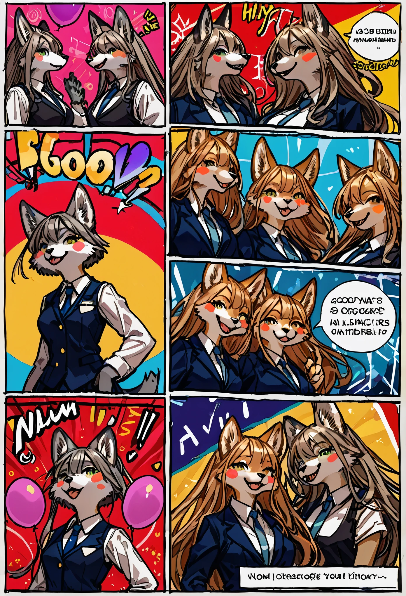 top quality, best quality, highres, masterpiece, super high resolution, detailed background, School, class, boy, girl, absurdres(highly detailed beautiful face and eyes)perfect anatomy, good lighting, cinematic shadow(kemono, furry anthro)assorted expressions, assorted poses, assorted angles, full body, upper shot, dynamic angle,(girls comic-like panel layouts, speech balloon, English text, Hand-drawn sound effects stickers used in girls comic),