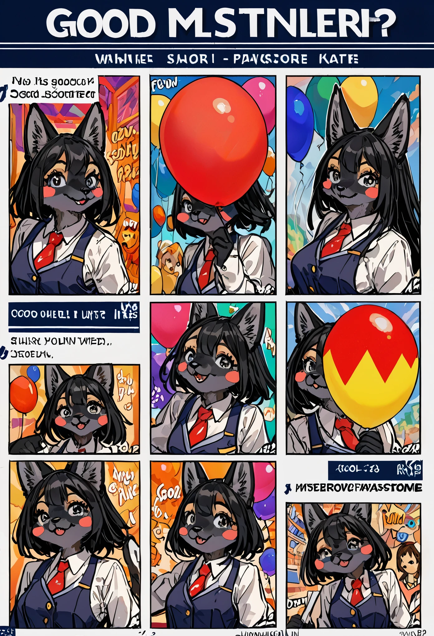 top quality, best quality, highres, masterpiece, super high resolution, detailed background, School, class, boy, girl, absurdres(highly detailed beautiful face and eyes)perfect anatomy, good lighting, cinematic shadow(kemono, furry anthro)assorted expressions, assorted poses, assorted angles, full body, upper shot, dynamic angle,(girls comic-like panel layouts, speech balloon, English text, Hand-drawn sound effects stickers used in girls comic),