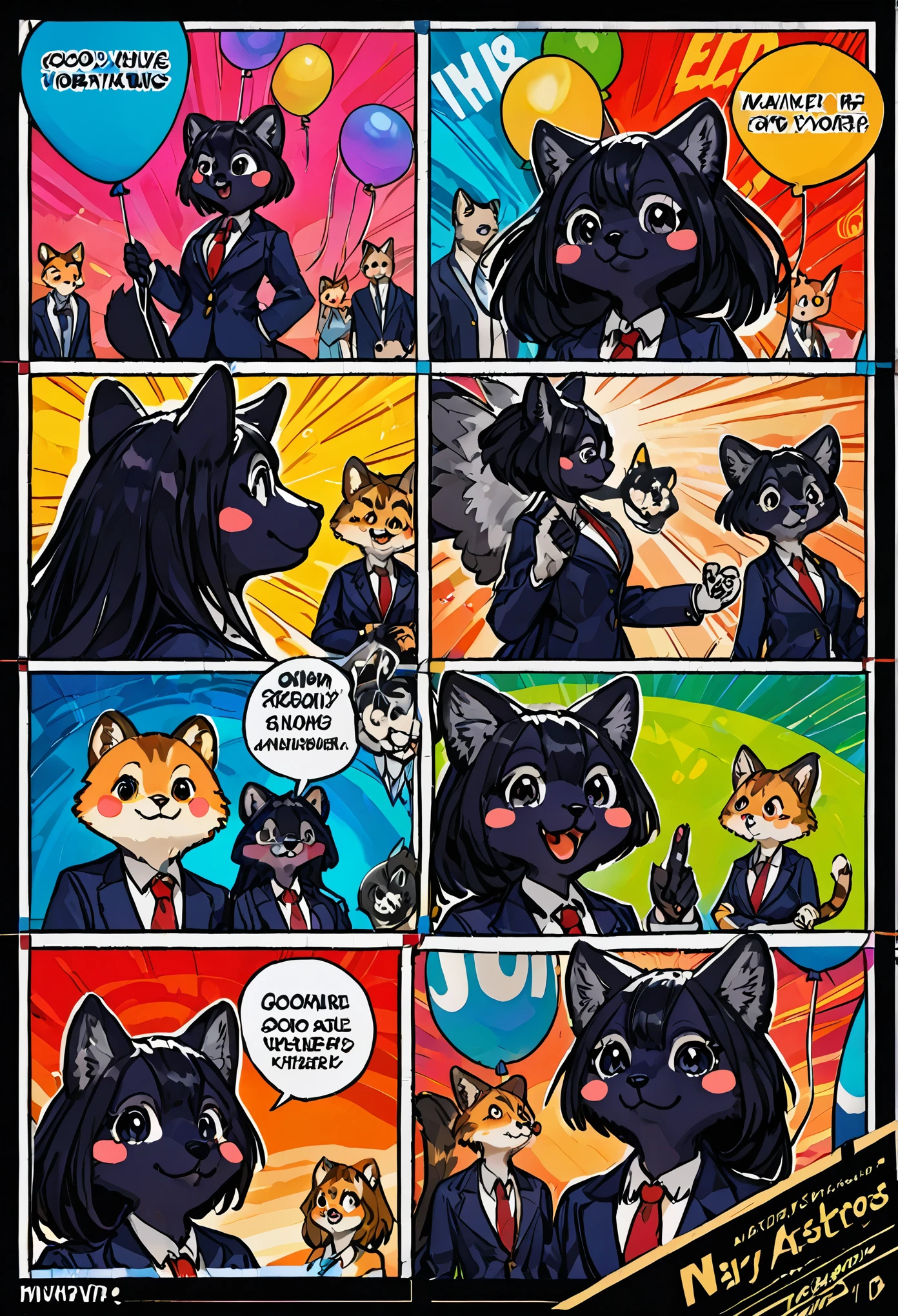 top quality, best quality, highres, masterpiece, super high resolution, detailed background, School, class, boy, girl, absurdres(highly detailed beautiful face and eyes)perfect anatomy, good lighting, cinematic shadow(kemono, furry anthro)assorted expressions, assorted poses, assorted angles, full body, upper shot, dynamic angle,(girls comic-like panel layouts, speech balloon, English text, Hand-drawn sound effects stickers used in girls comic),