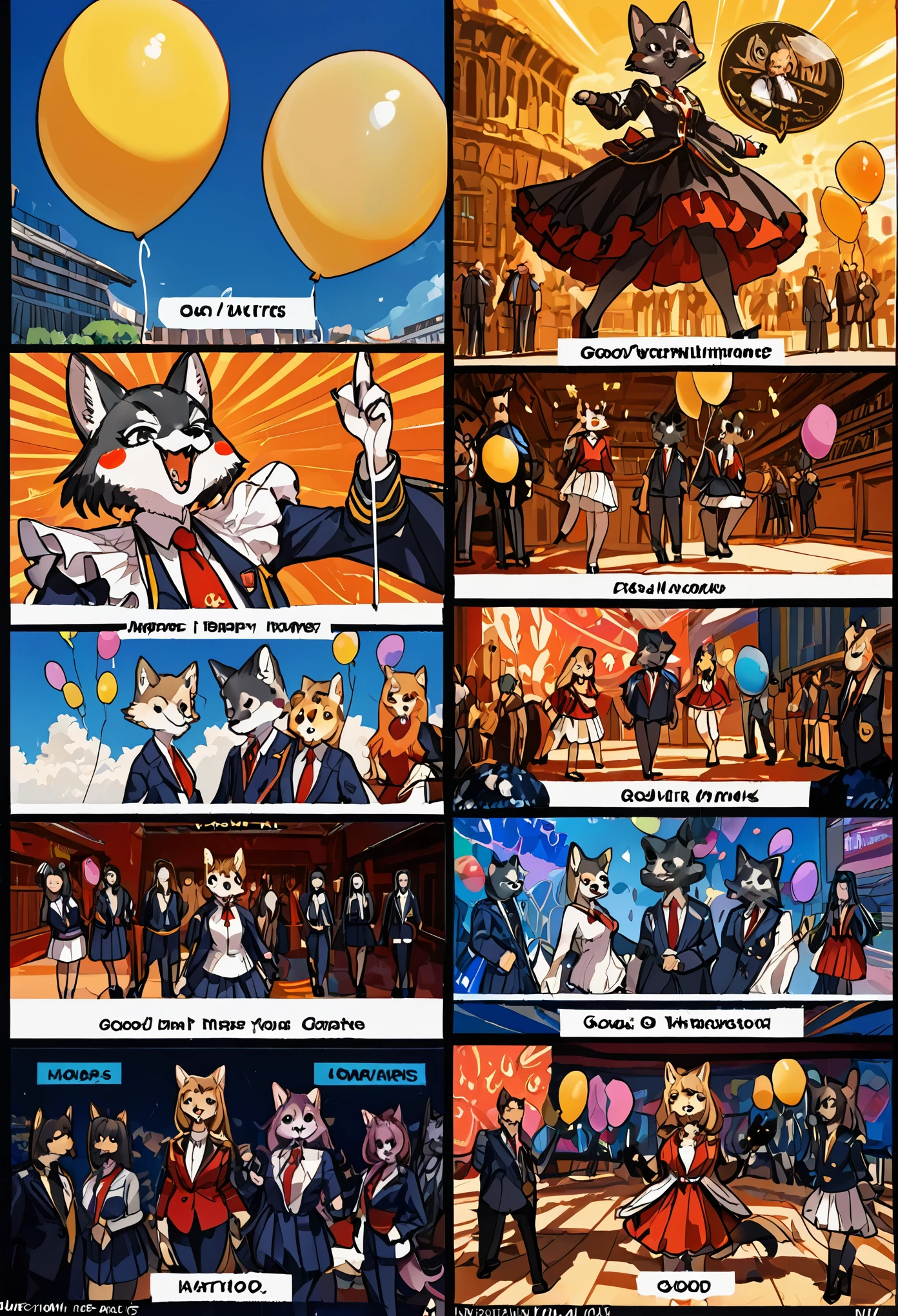 top quality, best quality, highres, masterpiece, super high resolution, detailed background, School, class, boy, girl, absurdres(highly detailed beautiful face and eyes)perfect anatomy, good lighting, cinematic shadow(kemono, furry anthro)assorted expressions, assorted poses, assorted angles, full body, upper shot, dynamic angle,(girls comic-like panel layouts, speech balloon, English text, Hand-drawn sound effects stickers used in girls comic),