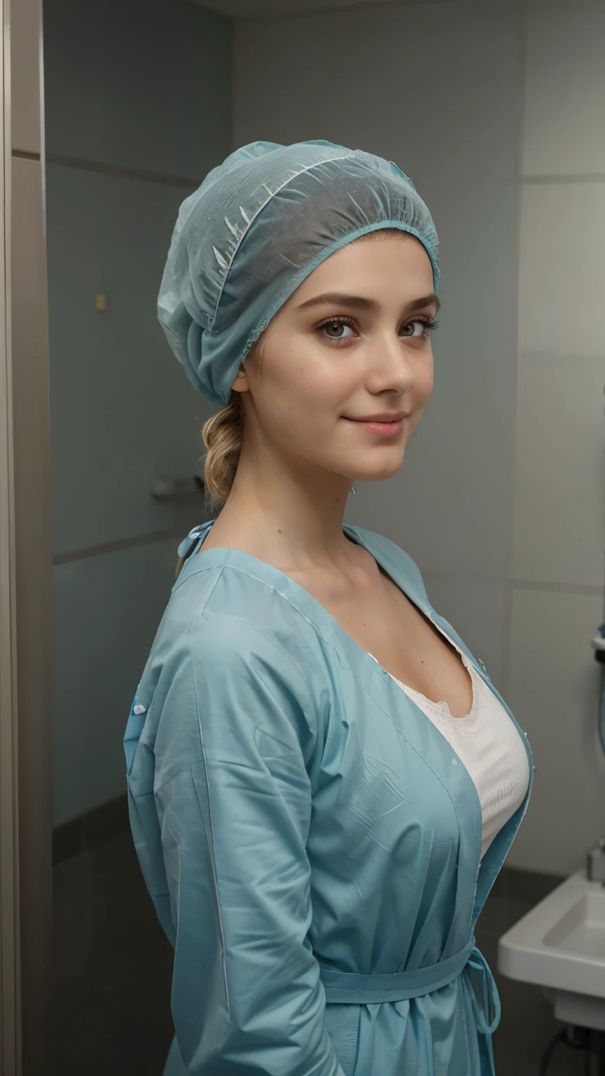 Ultra realistic, pediatric girl patient,   young italian teenager girl, ,  ,  Beautiful, detailed face, detailed eyes, (realistic skin:1.3), (pale skin:1.1), (textured skin:1.3), (()), big smile, (iphone photograph), (perfect small breasts:1.1), ), (artificial lighting:1.3),  standing in medical changing room,  beautiful face, big eyes, big smile, detailed face,  wears teal  patient gown , putting long patient gown on,  back-tied patient gown, female  figure, high closed crew-neck, bokeh, all wearing large  teal nylon bouffant cap , , large surgical bouffant cap covering hair and ears, ultra-short blonde hair fully covered by nylon shower cap, no hair tails, standing in hospital room