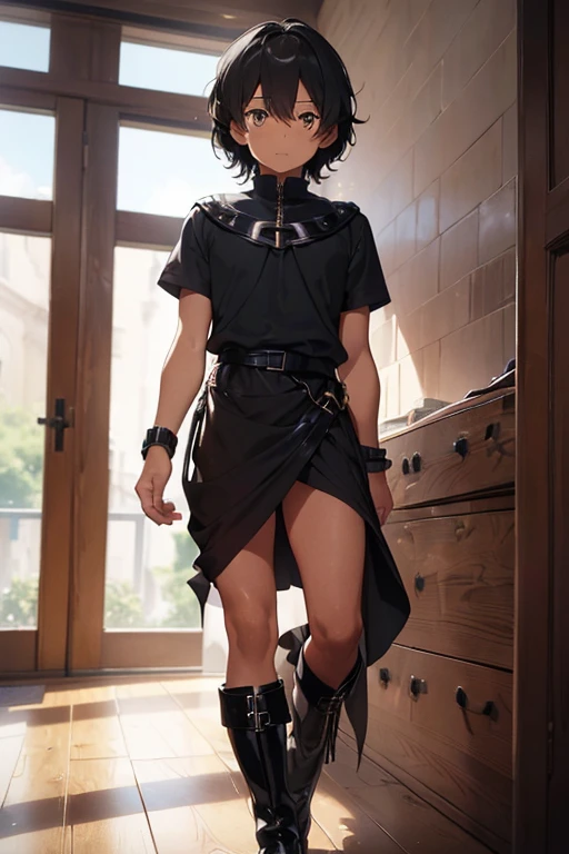 (Boy),(anime),(dark brown skin color),(Male body),(masculine gender),(adolescent man),(height 1.80),(short black curly hair Brazilian style),(brown eyes),(16 year old teenager),(young man),(Average physical height of a teenager),(wearing),+,(an outfit worn by a 5th century European emperor who composed For a shiny black cape and black boots with black tones and a black blouse with black tones and a black leather bracelet on each arm)