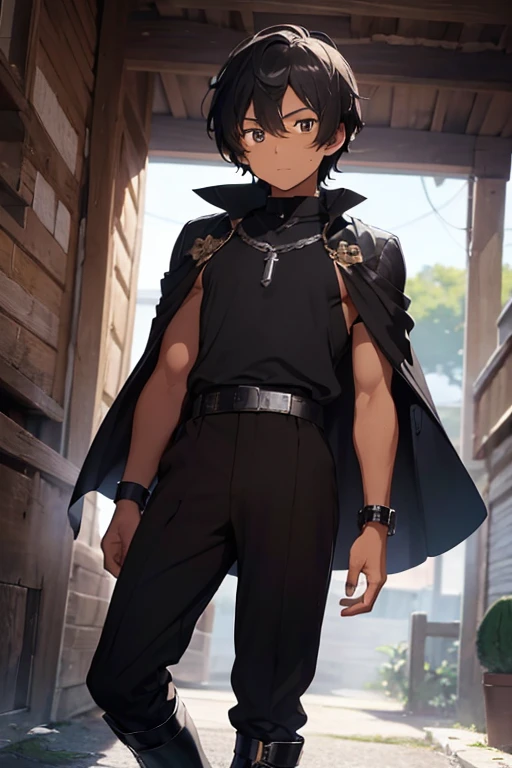 (Boy),(anime),(dark brown skin color),(Male body),(masculine gender),(adolescent man),(height 1.80),(short black curly hair Brazilian style),(brown eyes),(16 year old teenager),(young man),(Average physical height of a teenager),(wearing),+,(an outfit worn by a 5th century European emperor who composed For a shiny black cape and black boots with black tones and a black blouse with black tones and a black leather bracelet on each arm)