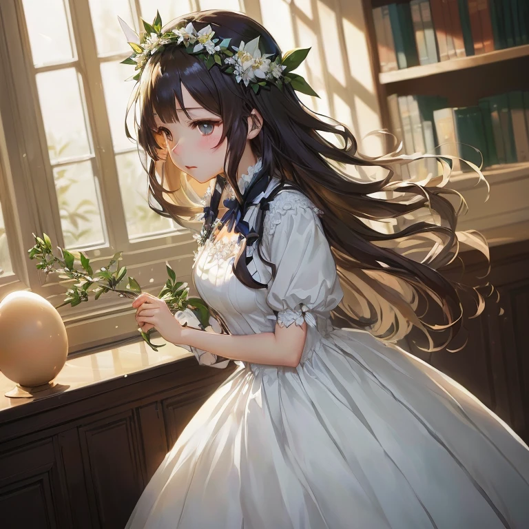 anime girl in a white dress holding a flower in front of a window,  in dress, guweiz on pixiv artstation, hestia, cute anime waifu in a nice dress, guweiz on artstation pixiv, marin kitagawa fanart, anime moe artstyle, high detailed official artwork, smooth anime cg art