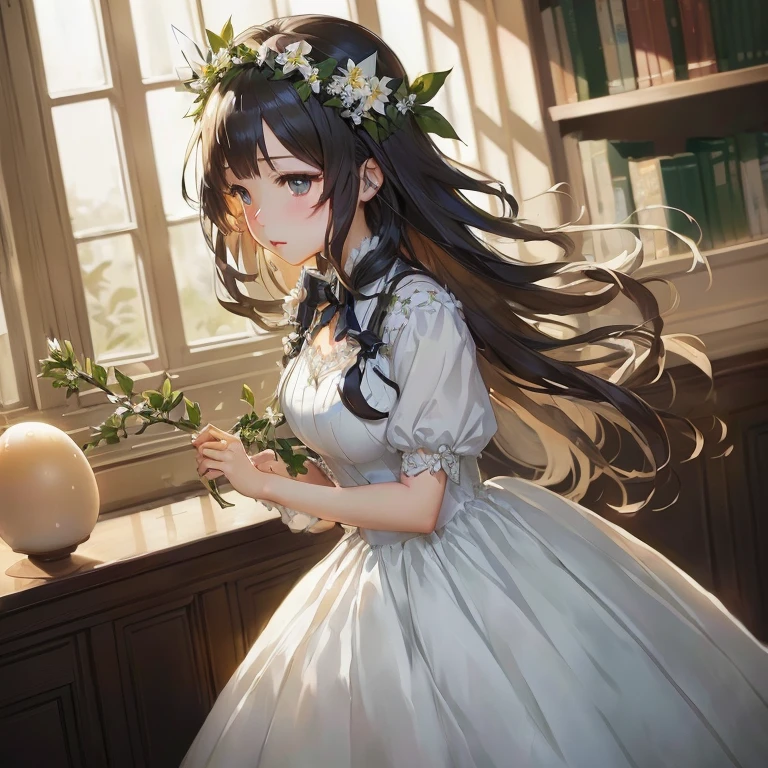 anime girl in a white dress holding a flower in front of a window,  in dress, guweiz on pixiv artstation, hestia, cute anime waifu in a nice dress, guweiz on artstation pixiv, marin kitagawa fanart, anime moe artstyle, high detailed official artwork, smooth anime cg art