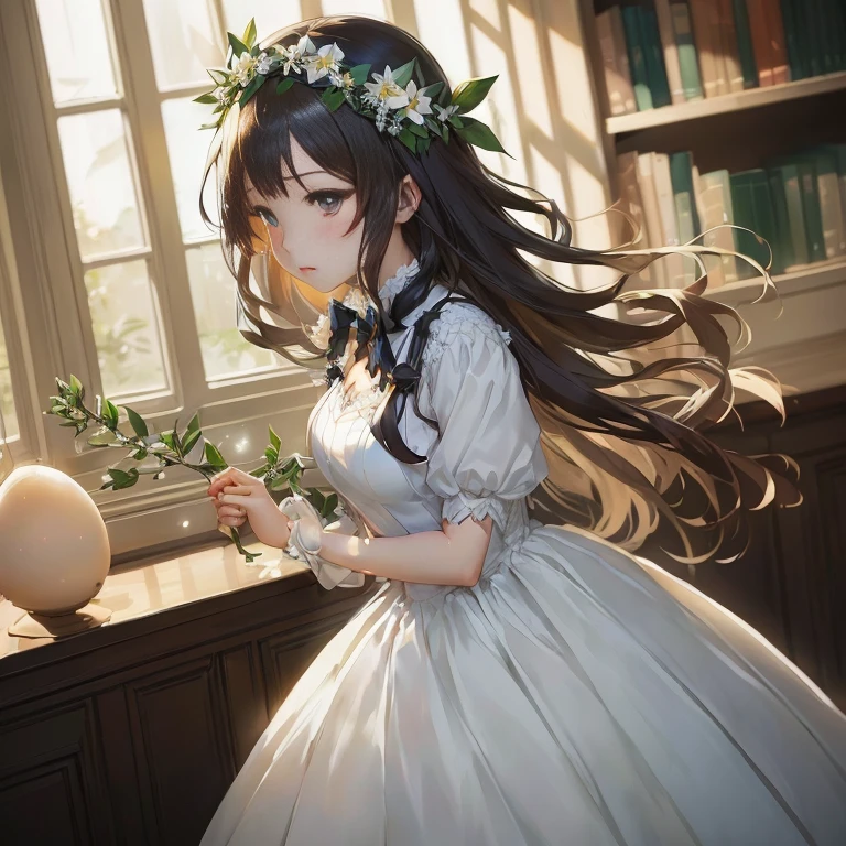 anime girl in a white dress holding a flower in front of a window, in dress, guweiz on pixiv artstation, hestia, cute anime waifu in a nice dress, guweiz on artstation pixiv, marin kitagawa fanart, anime moe artstyle, high detailed official artwork, smooth anime cg art