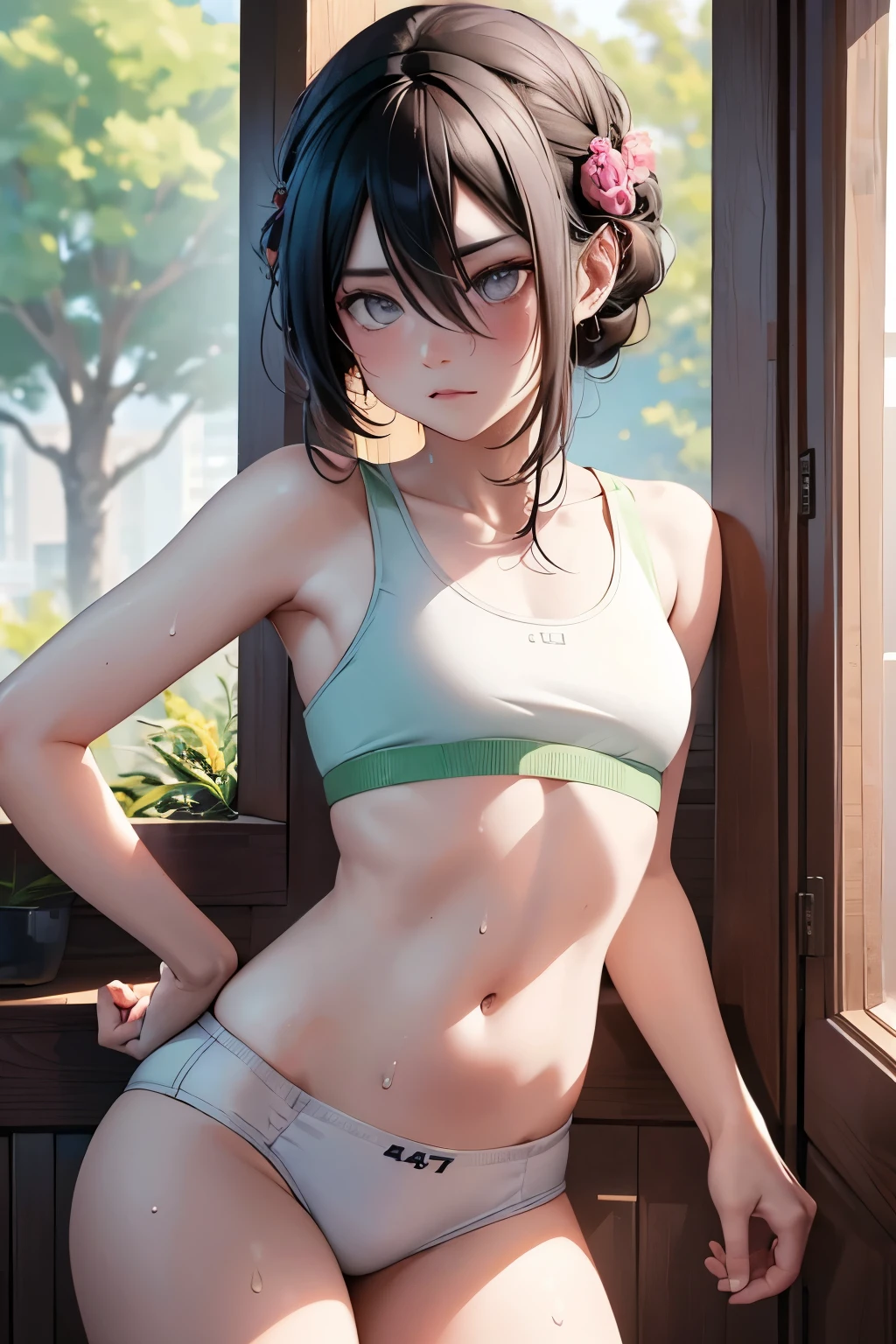 ((4K, ​master piece, Best Quality)), thop Beifong,  1girl in , center parted hair,(  body ), small breasts⁩, Cute, blush, running, white sports bra, bloomer , morning, park, sweat .