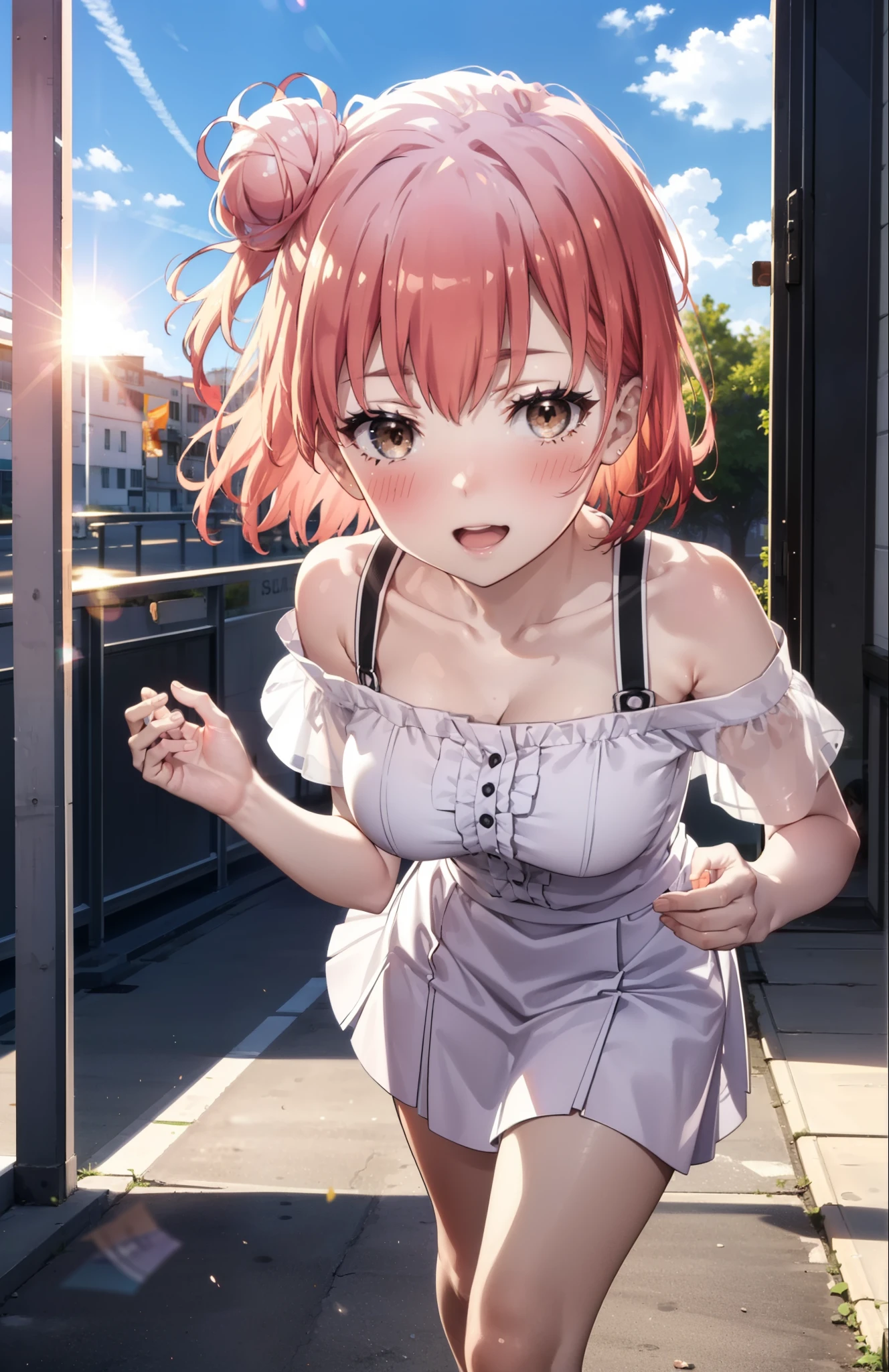 yuiyuigahama, yui yuigahama, short hair, (Brown eyes:1.5), (Pink Hair:1.2), Hair Bun, Big Breasts,single Hair Bun, happy smile, smile, Open your mouth,Cord off-shoulder top,Short sleeve,Long skirt,Stiletto heels,morning,morning陽,The sun is rising,walk,whole bodyがイラストに入るように,morning,morning陽,The sun is rising,On the way to school,
break outdoors, School,School building,
break looking at viewer, whole body,
break (masterpiece:1.2), highest quality, High resolution, unity 8k wallpaper, (shape:0.8), (Beautiful details:1.6), Highly detailed face, Perfect lighting, Highly detailed CG, (Perfect hands, Perfect Anatomy),