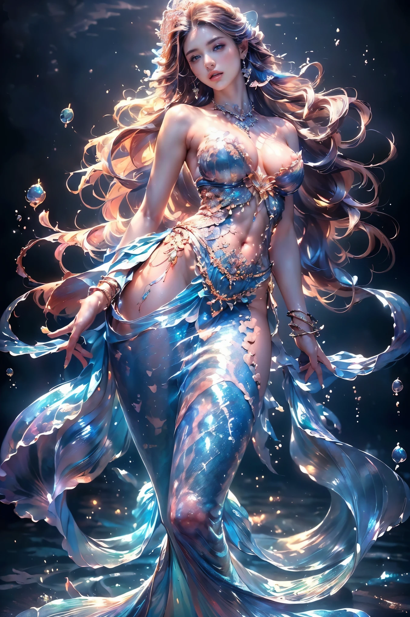 ((masterpiece, highest quality, Highest image quality, High resolution, photorealistic, Raw photo, 8K)), ((Extremely detailed CG unified 8k wallpaper)), (huge stunning goddess shot, very hot and sexy, jaw-dropping beauty, perfect proportions, beautiful body, slim body beauty:1.4), a ((mermaid princess)) with long flowing hair, detailed facial features, ((The lower half is fish without legs, intricate tail scales:1.5)), , It has no legs, but scales and a tail fin, elegant crown, underwater seascape, 