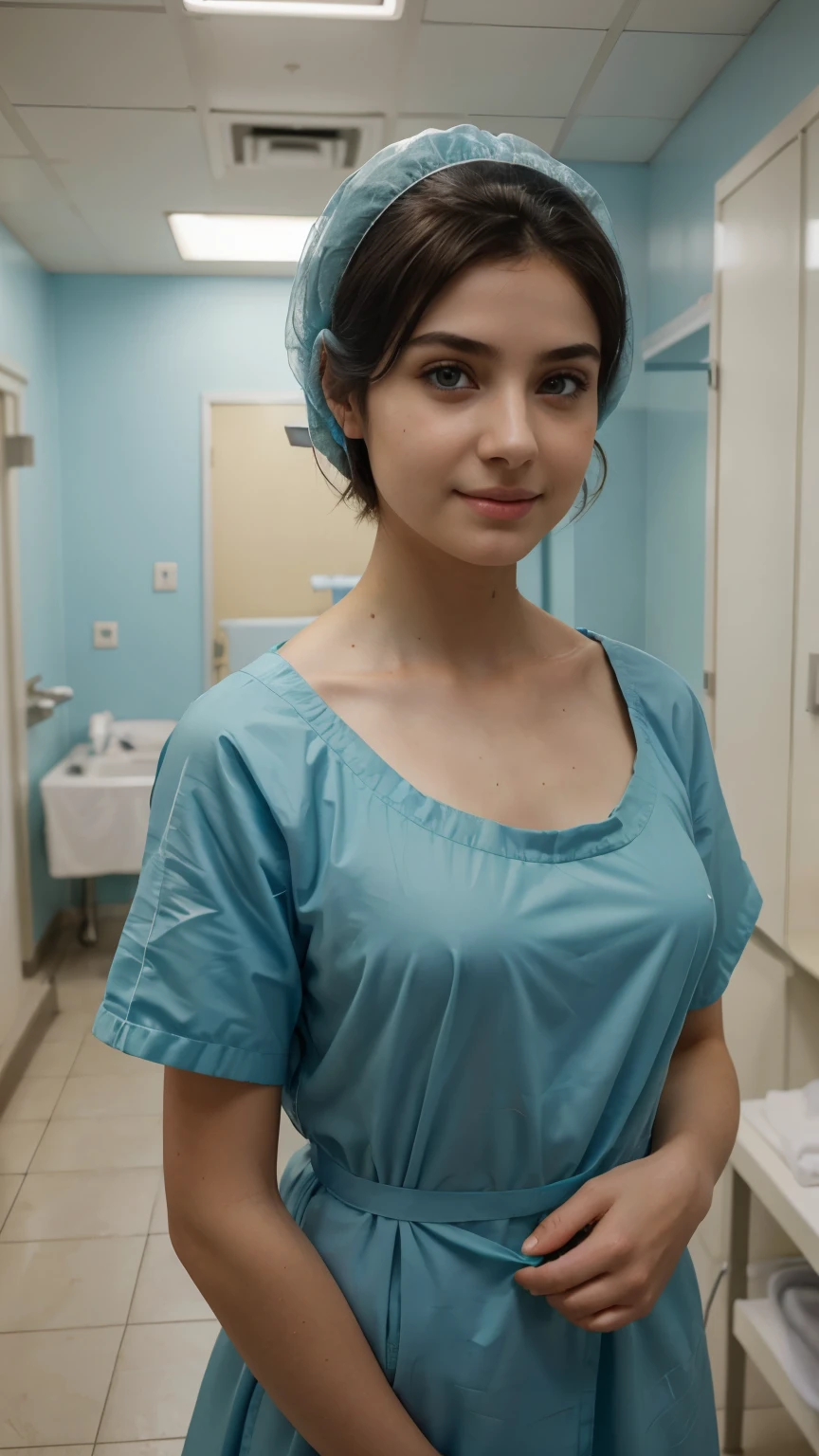 Ultra realistic, pediatric girl patient,   young italian teenager girl, 15 years old,  ,  Beautiful, detailed face, detailed eyes, (realistic skin:1.3), (pale skin:1.1), (textured skin:1.3), (()), big smile, (iphone photograph), (perfect small breasts:1.1), ), (artificial lighting:1.3),  standing in medical changing room,  beautiful face, big eyes, big smile, detailed face,  wears blue patient gown , putting long patient gown on,  back-tied patient gown, female  figure, high closed crew-neck, bokeh, all wearing large  teal nylon bouffant cap , , large surgical bouffant cap covering hair and ears, ultra-short  hair fully covered by nylon shower cap, no hair tails, standing in hospital room
