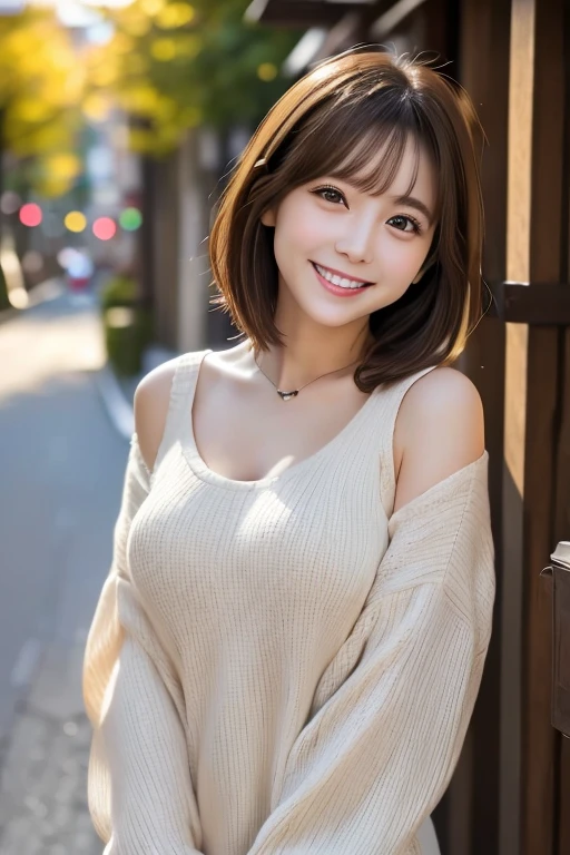 High-definition photos、beautiful、Japanese、female、28 years old、short hair、Light colored brown hair、Big eyes、Large Breasts、Smiling face、I can see some teeth、Full-body photo、Clothes that fit the body、White clothes、