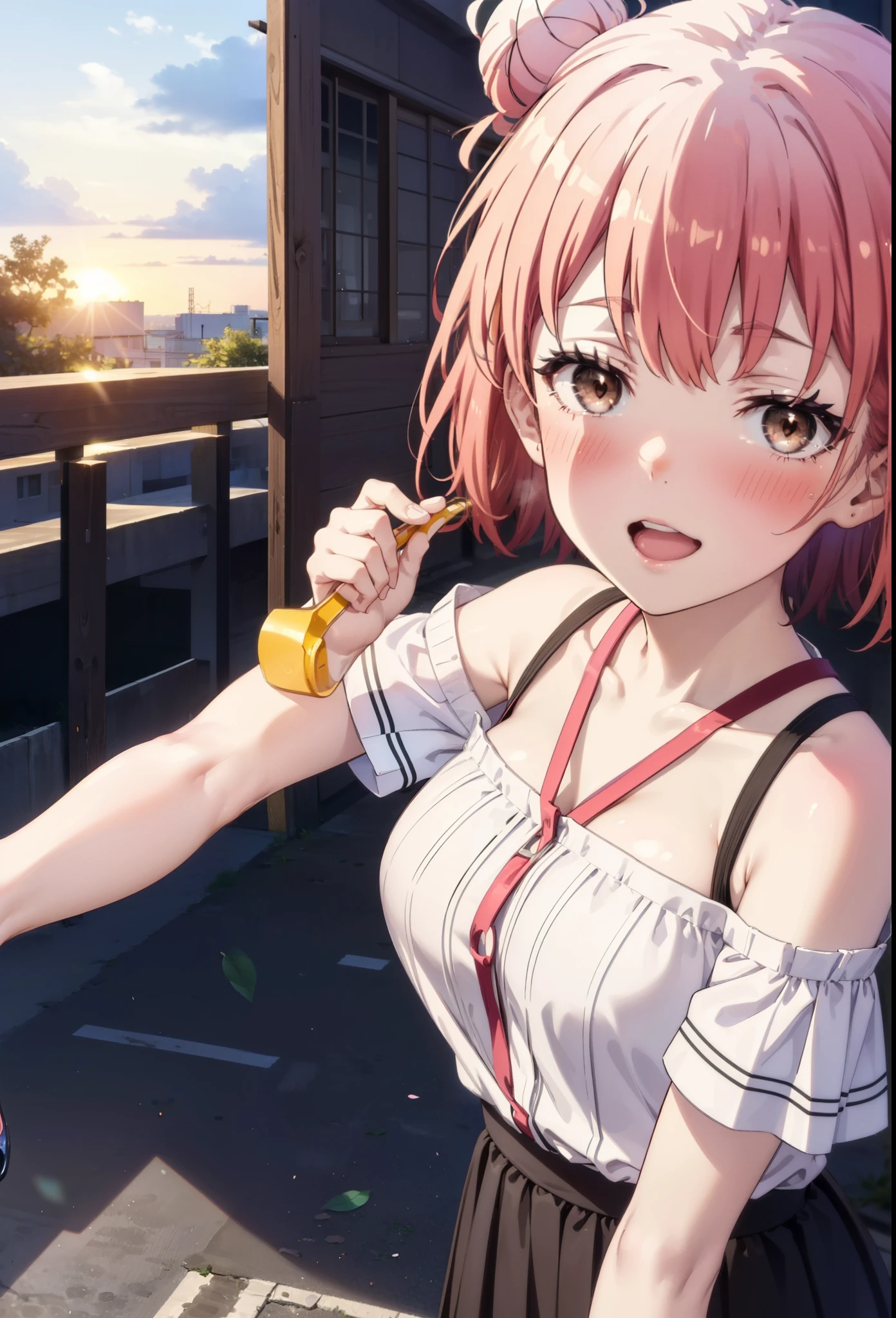 yuiyuigahama, yui yuigahama, short hair, (Brown eyes:1.5), (Pink Hair:1.2), Hair Bun, Big Breasts,single Hair Bun, happy smile, smile, Open your mouth,Cord off-shoulder top,Short sleeve,Long skirt,Stiletto heels,morning,morning陽,The sun is rising,walk,whole bodyがイラストに入るように,morning,morning陽,The sun is rising,On the way to school,
break outdoors, School,School building,
break looking at viewer, whole body,
break (masterpiece:1.2), highest quality, High resolution, unity 8k wallpaper, (shape:0.8), (Beautiful details:1.6), Highly detailed face, Perfect lighting, Highly detailed CG, (Perfect hands, Perfect Anatomy),