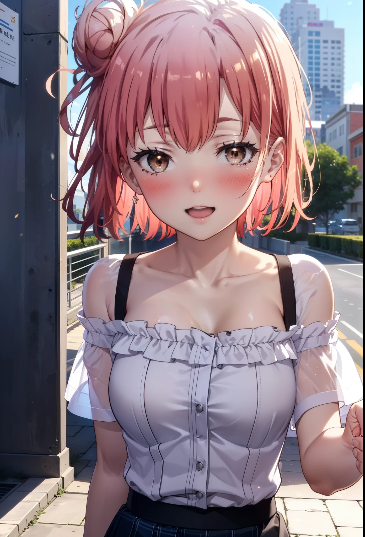 yuiyuigahama, yui yuigahama, short hair, (Brown eyes:1.5), (Pink Hair:1.2), Hair Bun, Big Breasts,single Hair Bun, happy smile, smile, Open your mouth,Cord off-shoulder top,Short sleeve,Long skirt,Stiletto heels,morning,morning陽,The sun is rising,walk,whole bodyがイラストに入るように,morning,morning陽,The sun is rising,On the way to school,
break outdoors, School,School building,
break looking at viewer, whole body,
break (masterpiece:1.2), highest quality, High resolution, unity 8k wallpaper, (shape:0.8), (Beautiful details:1.6), Highly detailed face, Perfect lighting, Highly detailed CG, (Perfect hands, Perfect Anatomy),