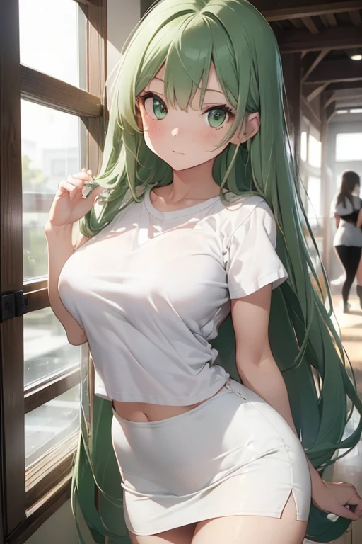 (Girl),(woman),(beautiful),(white color),(long green hair),(beautiful face),(green eyes),(height 1.68),(super busty),(body structure),( body slender),(Sexy ass),(wearing),+,(a short t-shirt with a neckline in the middle and wearing a super short straight pencil skirt 16 cm long)