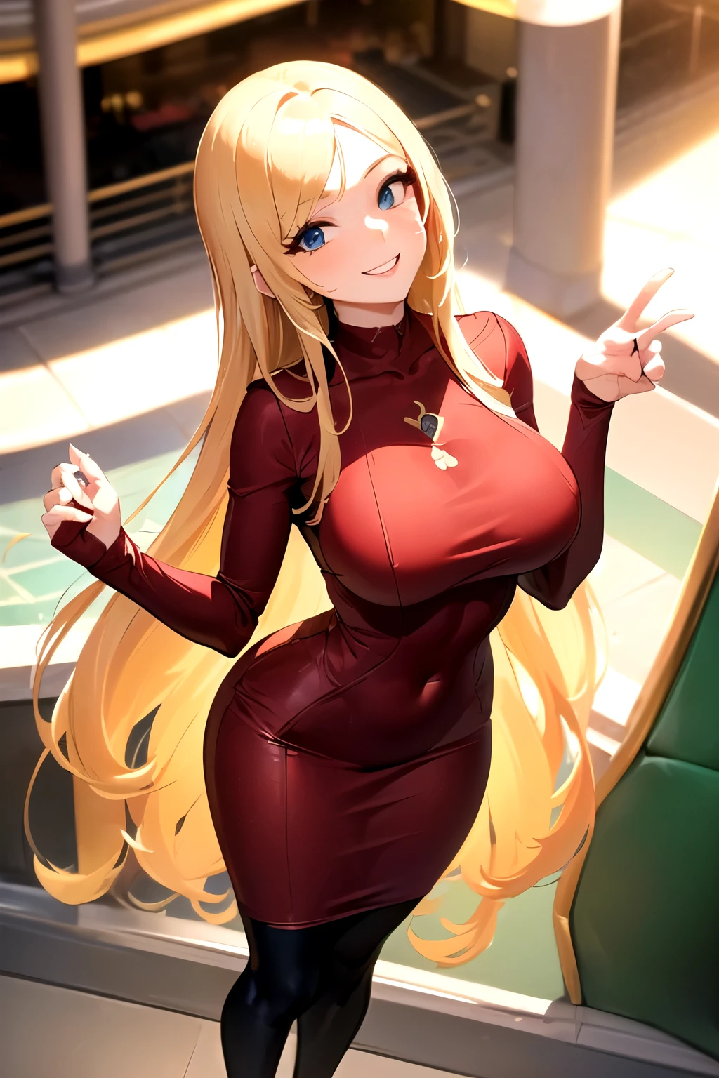 ((high, ideal figure, large breasts and hips)), ((the girl has a perfect face by American standards, blonde, in a red tight dress at the mall)), ((view from above, she stands and looks up at the camera and smiles sexy)), ((perfect graphics, masterpiece, in detail))