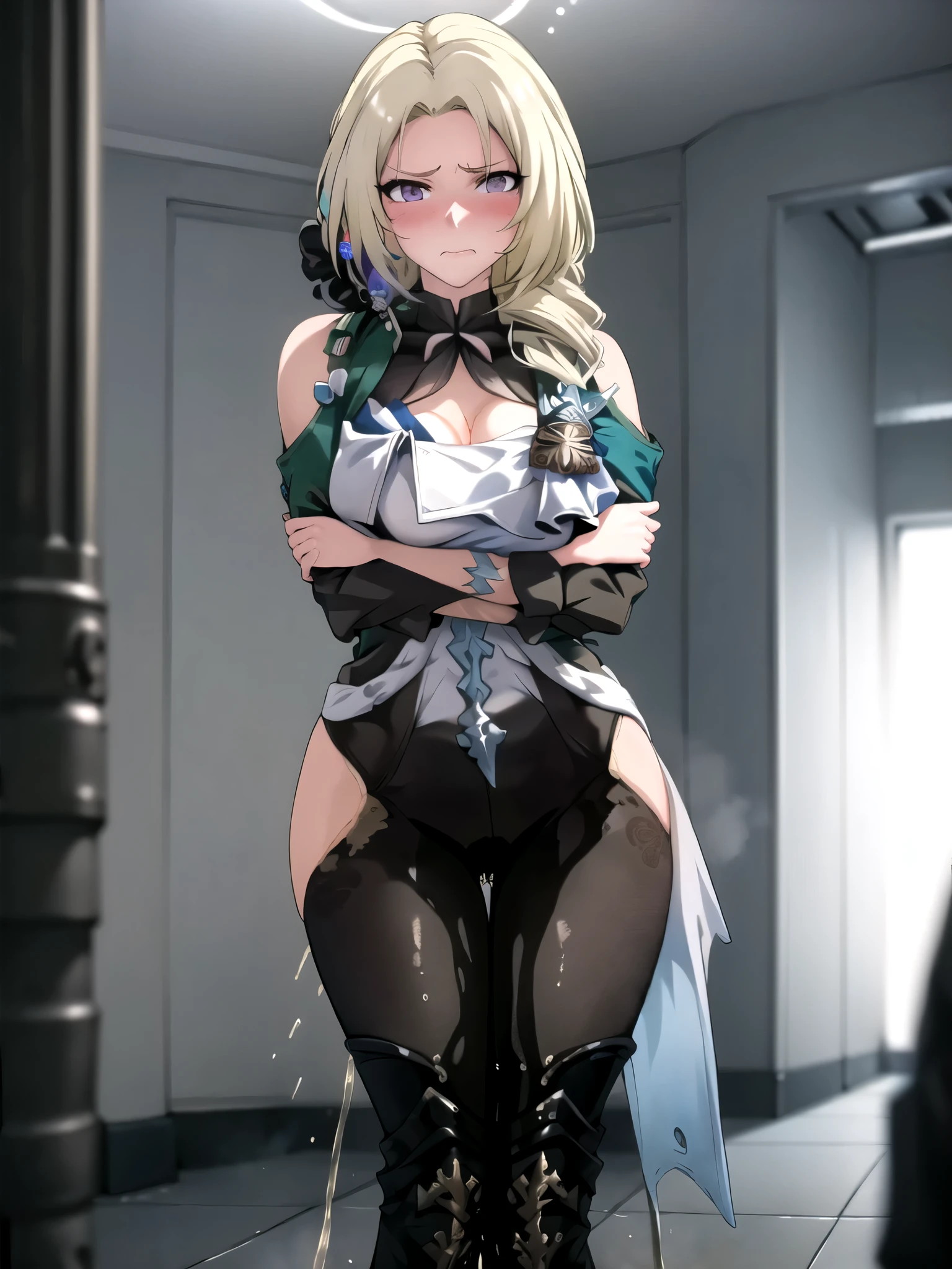 (highest quality:1.37), (masterpiece:1.37), HDR, physically-based rendering, bokeh, (cinematic lighting:1.37), CocoliaV5, (standing:1.25). The artwork is inspired by manga and incorporates a doujin style. The woman appears to be (wetting herself:1.5), which causes her to feel embarrassed and humiliated, resulting in a blush on her face. In addition, there is an air of anger in her expression. The lighting in the scene is moody, with a spotlight highlighting the woman's figure, her arms are crossed (arms crossed:1.5), (crossing arms:1.5), pee stain, peeing stain on her (yoga pants, large breasts, skinny