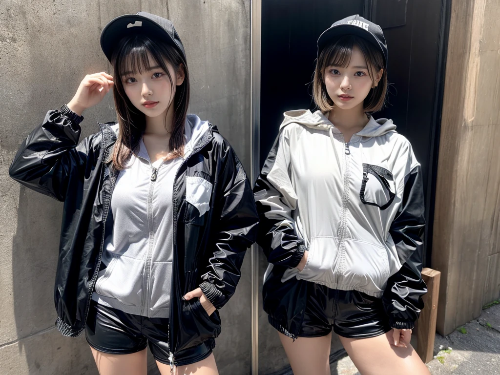 Masterpiece, 8K, award-winning photos, photorealistic, realistic, ultra detailed, ultra high definition, ray tracung, _ the most beautiful, 22 years old ,(sexy,Japanese idol, gray hair, short hair),shiny skin , detailed skin , detailed face , perfect anatomy, 1girl~2girls,
_
BREAK (droopy eyes, Natural makeup:1.2),light color, huge breasts,
_
glowing blue eyes, tan skin,
_
BREAK (black and White theme:1.4), (oversized and baggy black outerwear:1.3), (fusion of black windbreaker and White hoodie:1.4), (black Nylon:1.4), ((zipper, large pocket):1.3), BREAK (black and white :1.2), (black platform high-cut sneakers:1.2),(Black leather short pants),(baseball cap),
Inorganic concrete studio with windows, highly detailed background, , ultra-realistic textures, dramatic lighting ,raw photo, _(dutch angle and curtsey ,on side:1.2), looking at viewer,