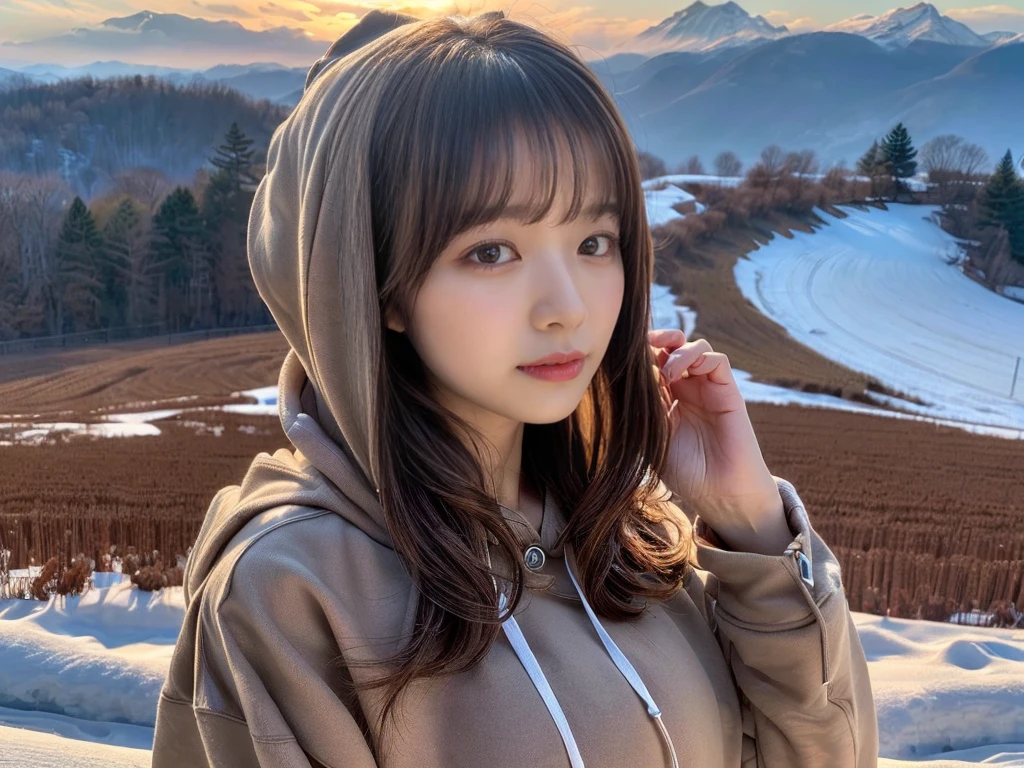((top-quality、8K、​masterpiece:1.3))、1girl in、Beautiful woman standing on snowy mountain:1.3、(brown long-haired、Colossal tits:1.4)、(Big Silhouette M51 Field Hoodie:1.5)、Super delicate face、Delicat eyes、double eyelid、Close-up of upper body from below、Sunset、