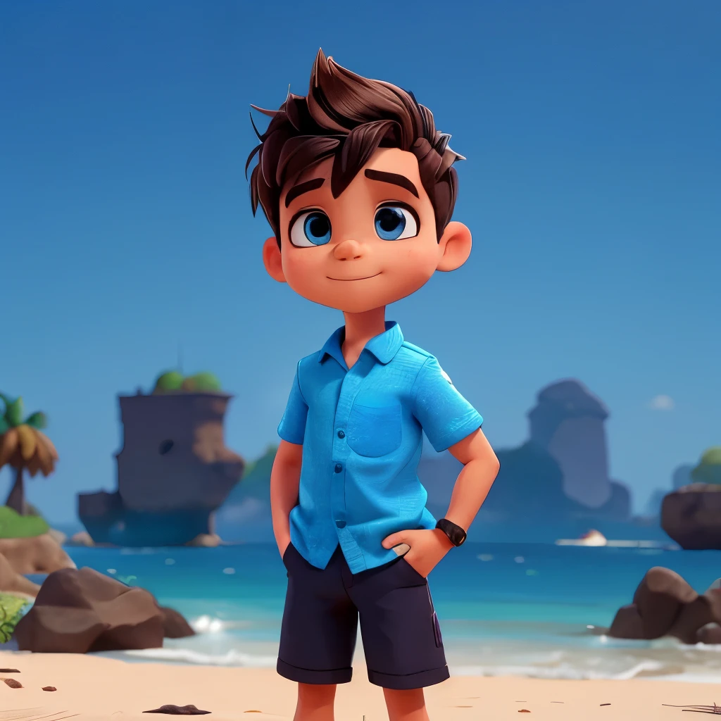 (Um ) (cabelo castanho) (olhos pretos) (short azul) (camisa preta)