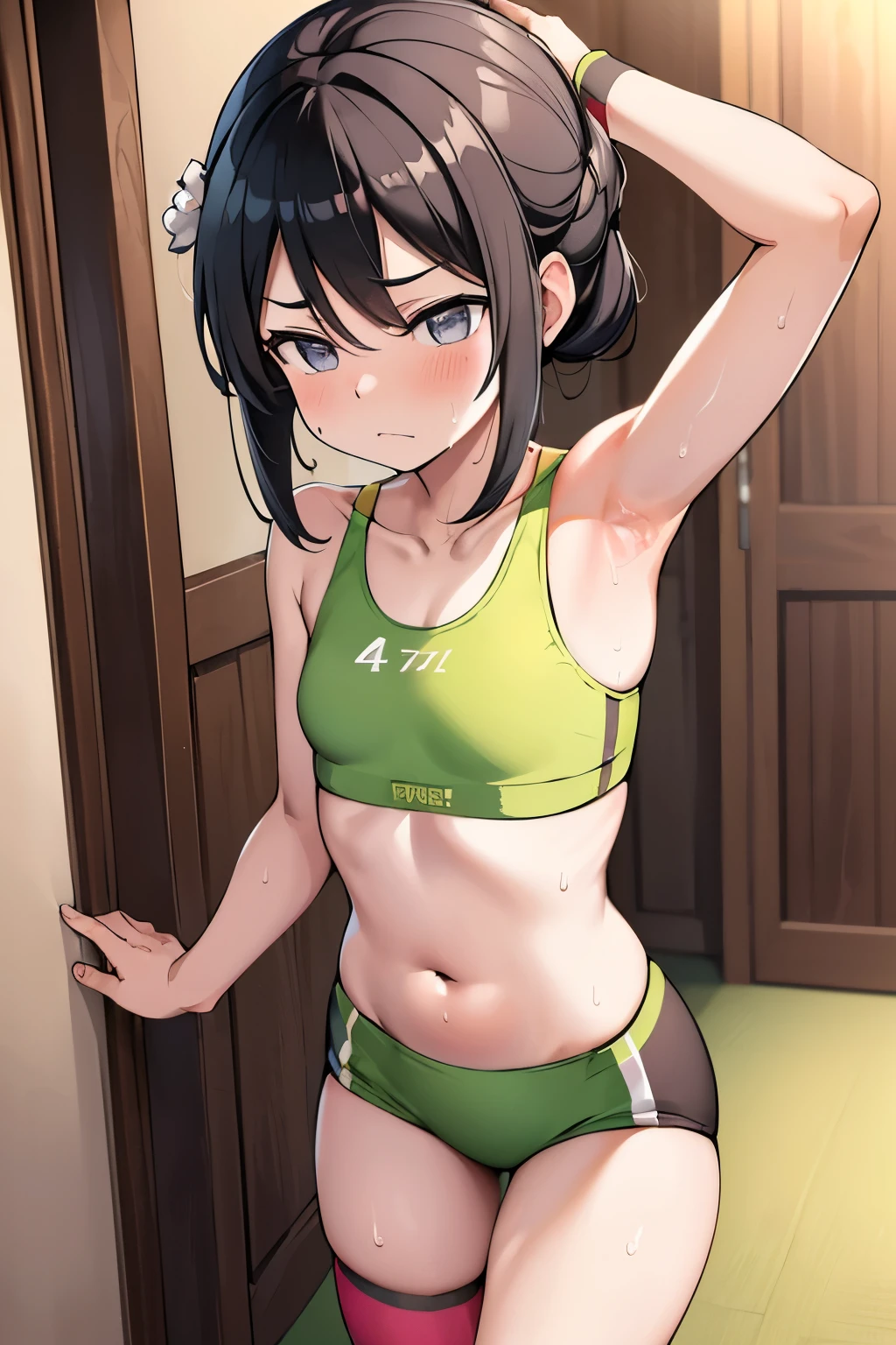 ((4K, ​master piece, Best Quality)), thop Beifong,  1girl ,(  body ), small breasts⁩, Cute, blush, running, white sports bra, bloomer, gym , sweat .standing front . 