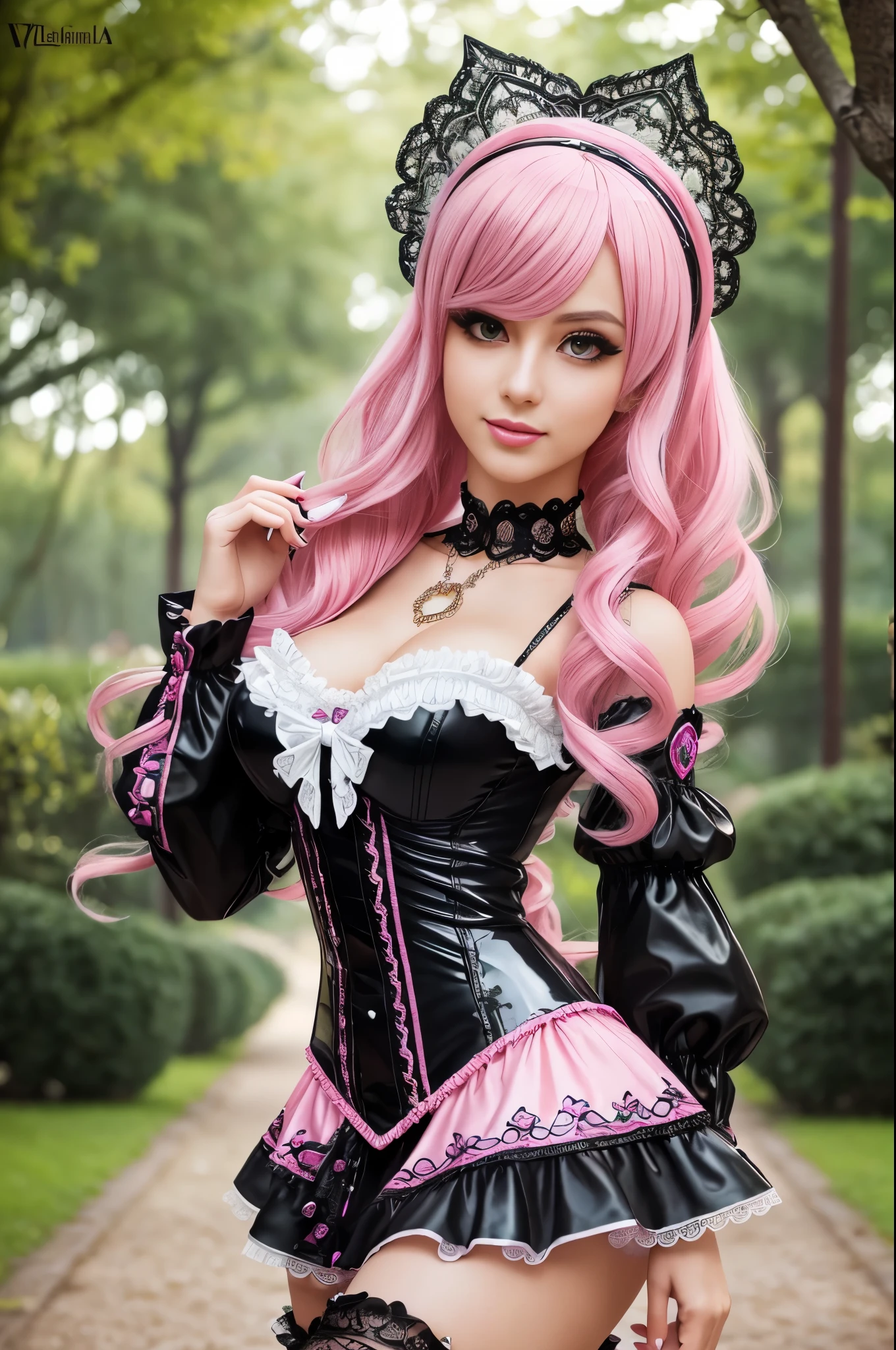 sexy stylish Swedish model, only 1 female, ((doll-like appearance)), long neon pink stylish hair, ((shiny Victorian-Style boots)), beautiful smile, ultra detailed eyes, vivid eye makeup, lipgloss, long lashes, defined eyebrows, ((sexy Paradise Kiss cosplay)), bell-shaped skirt, petticoats, high neckline, puffed sleeves, (( ultra detailed lace)), ((ultra detailed embroidery)), intricate details, Paradise Kiss accessoires and matching headpiece, choker, ((large sparkling Paradise Kiss jewelry)), cinematic light, detailed large park background with trees
