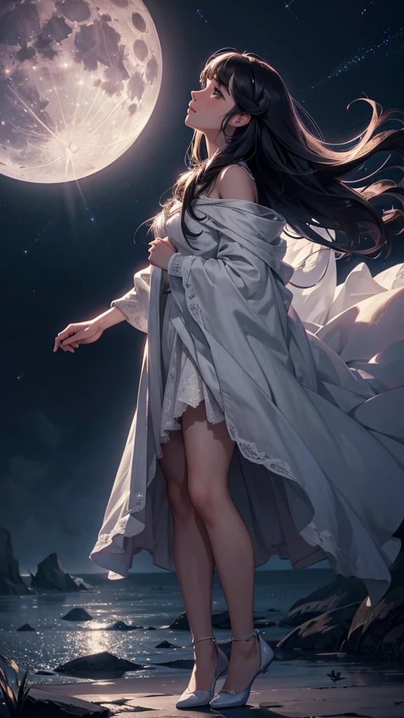 a beautiful night sky, full moon, moonlight, twinkling stars, 1girl looking up at the sky, long dark hair, dreamy expression, soft lighting, muted colors, atmospheric, cinematic, hyper detailed, intricate, photorealistic, masterpiece, 8k, full body