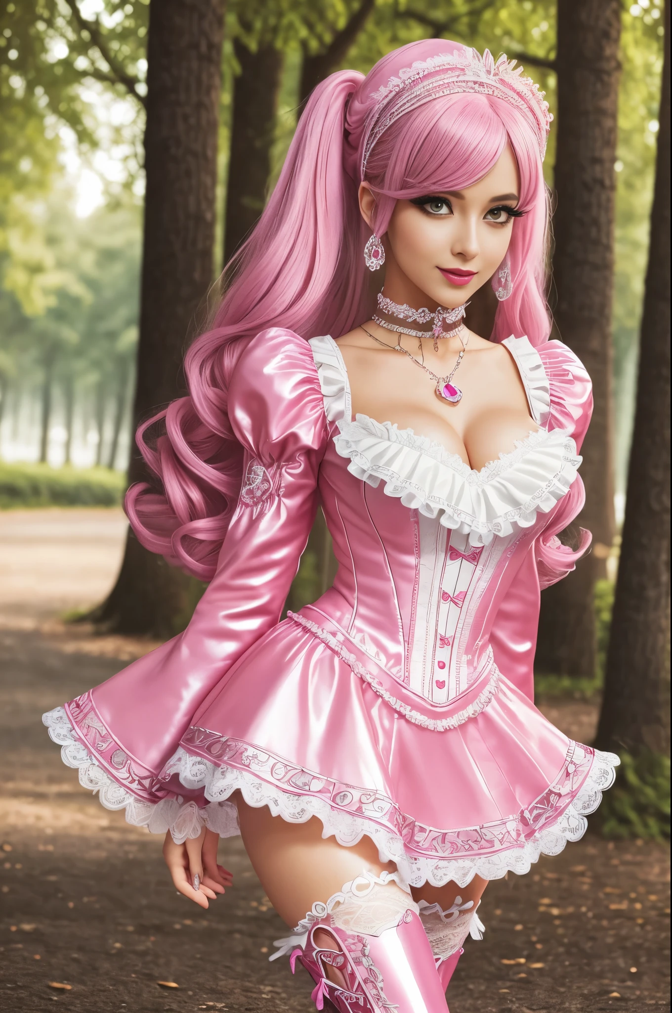 sexy stylish Swedish model, only 1 female, ((doll-like appearance)), long neon pink stylish hair, ((shiny Victorian-Style boots)), beautiful smile, ultra detailed eyes, vivid eye makeup, lipgloss, long lashes, defined eyebrows, ((sexy Paradise Kiss cosplay)), bell-shaped skirt, petticoats, high neckline, puffed sleeves, (( ultra detailed lace)), ((ultra detailed embroidery)), intricate details, Paradise Kiss accessoires and matching headpiece, choker, ((large sparkling Paradise Kiss jewelry)), cinematic light, detailed large park background with trees 