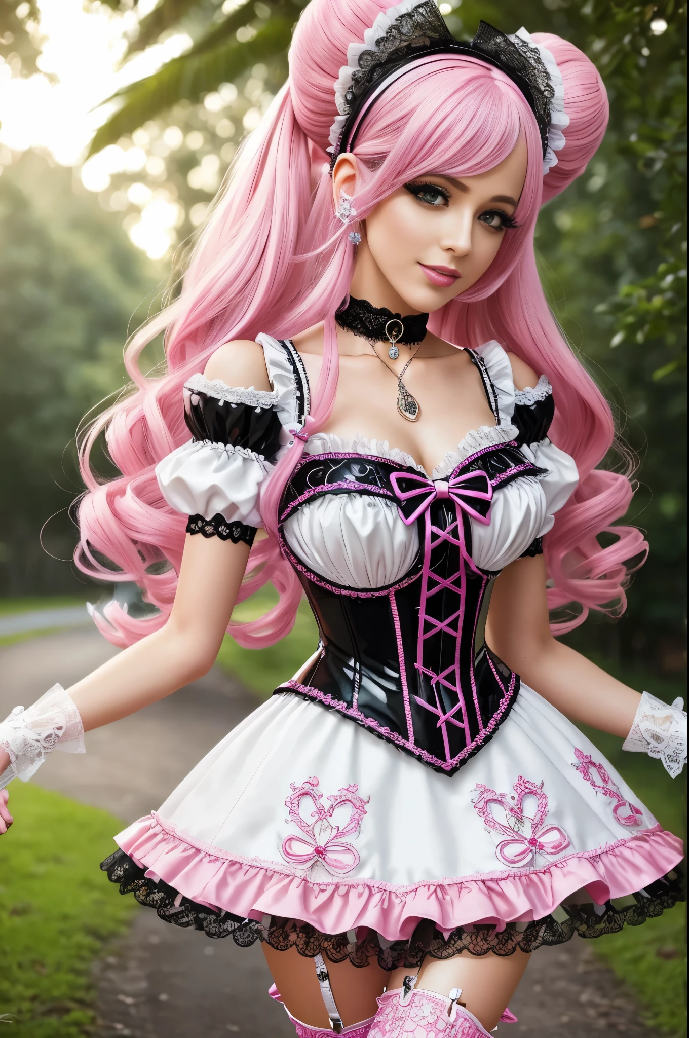 sexy stylish Swedish model, only 1 female, ((doll-like appearance)), long neon pink stylish hair, ((shiny Victorian-Style boots)), beautiful smile, ultra detailed eyes, vivid eye makeup, lipgloss, long lashes, defined eyebrows, ((sexy Paradise Kiss cosplay)), bell-shaped skirt, petticoats, high neckline, puffed sleeves, (( ultra detailed lace)), ((ultra detailed embroidery)), intricate details, Paradise Kiss accessoires and matching headpiece, choker, ((large sparkling Paradise Kiss jewelry)), cinematic light, detailed large park background with trees 