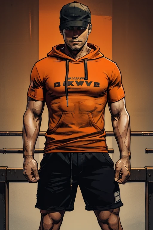 Man With a cap that obscures his face and Long long shorts with sachets on the sides and converse sneakers Heroic Presence Serious and strong pose Regular orange T-shirt. Hooded strong Boxing Pose
