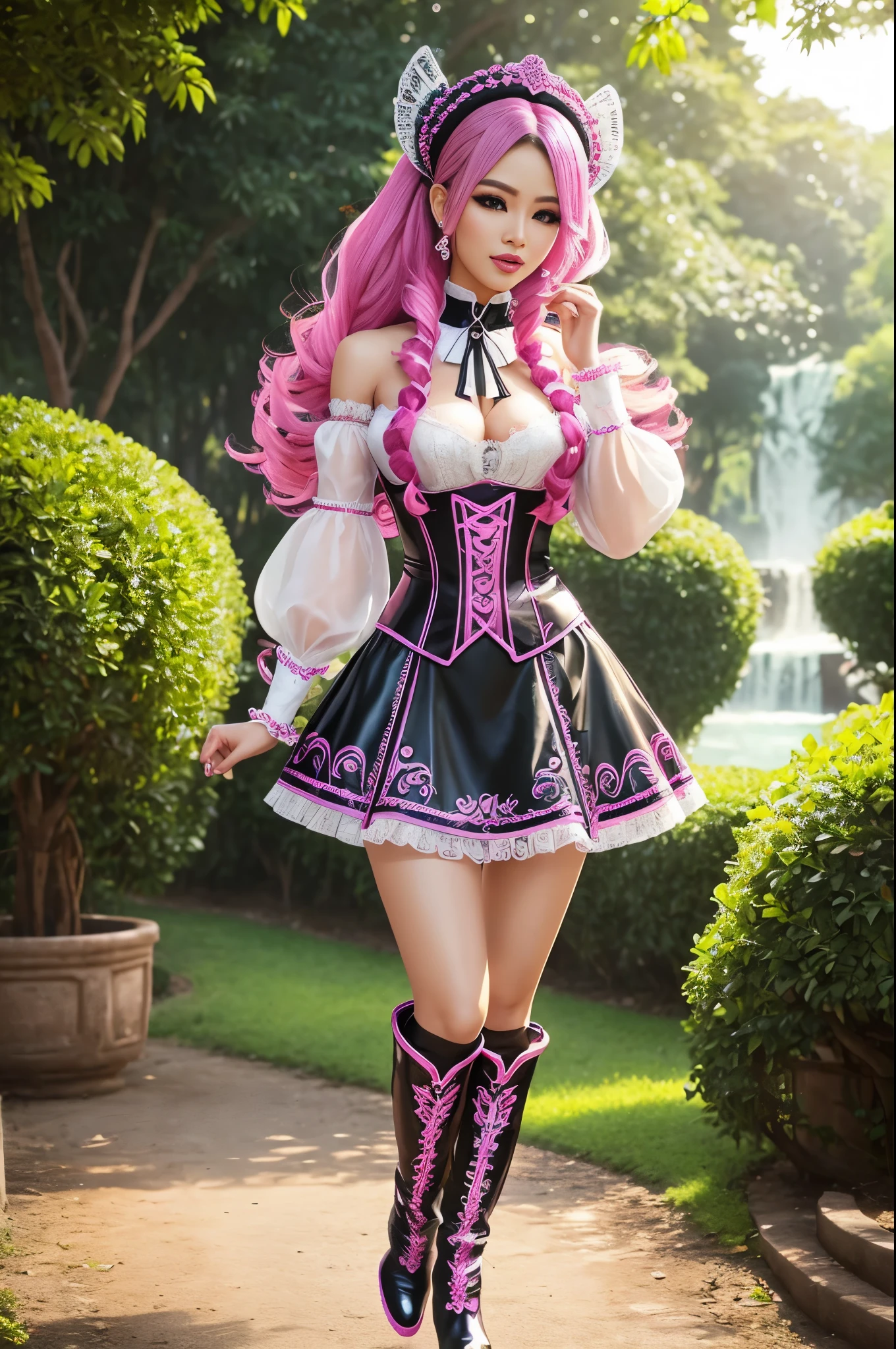 sexy stylish Thai model, only 1 female, long neon pink stylish hair, ((shiny Victorian-Style boots)), beautiful smile, ultra detailed eyes, vivid eye makeup, lipgloss, long lashes, defined eyebrows, ((sexy Paradise Kiss cosplay)), bell-shaped skirt, petticoats, high neckline, puffed sleeves, (( ultra detailed lace)), ((ultra detailed embroidery)), intricate details, Paradise Kiss accessoires and matching headpiece, choker, ((large sparkling Paradise Kiss jewelry)), cinematic light, detailed large park background with trees