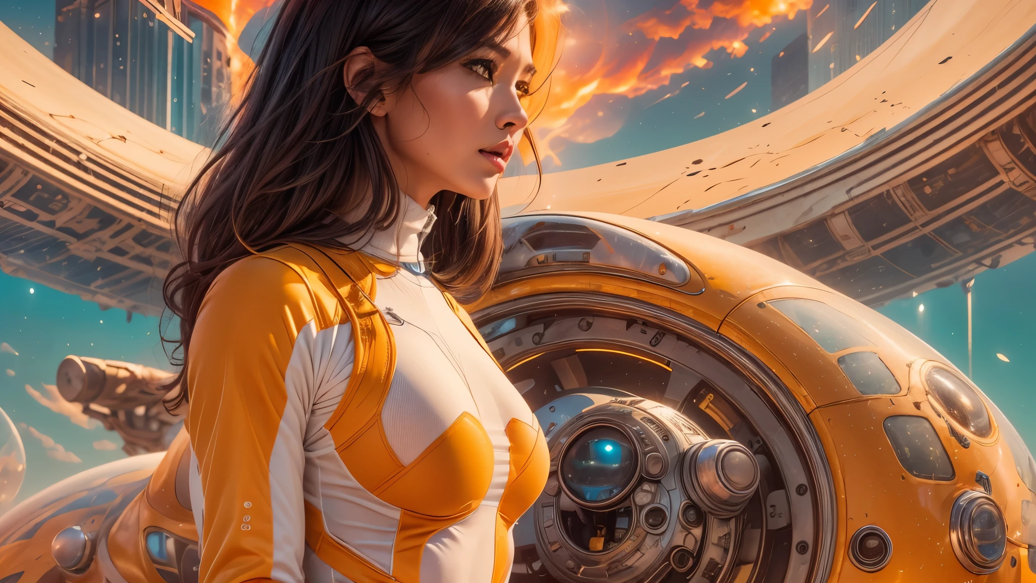 arafed image of a white woman in a futuristic suit with a spaceship in the background, movie art, in front of an orange background, inspired by Robert McGinnis, female protagonist, megastructure in the background, portrait of an ai astronaut, astronauts, an astronaut, portrait of a astronaut skeletor, perfect android girl, detailed eyes, perfectly detailed teeth, frank franzzeta and sakimichan  