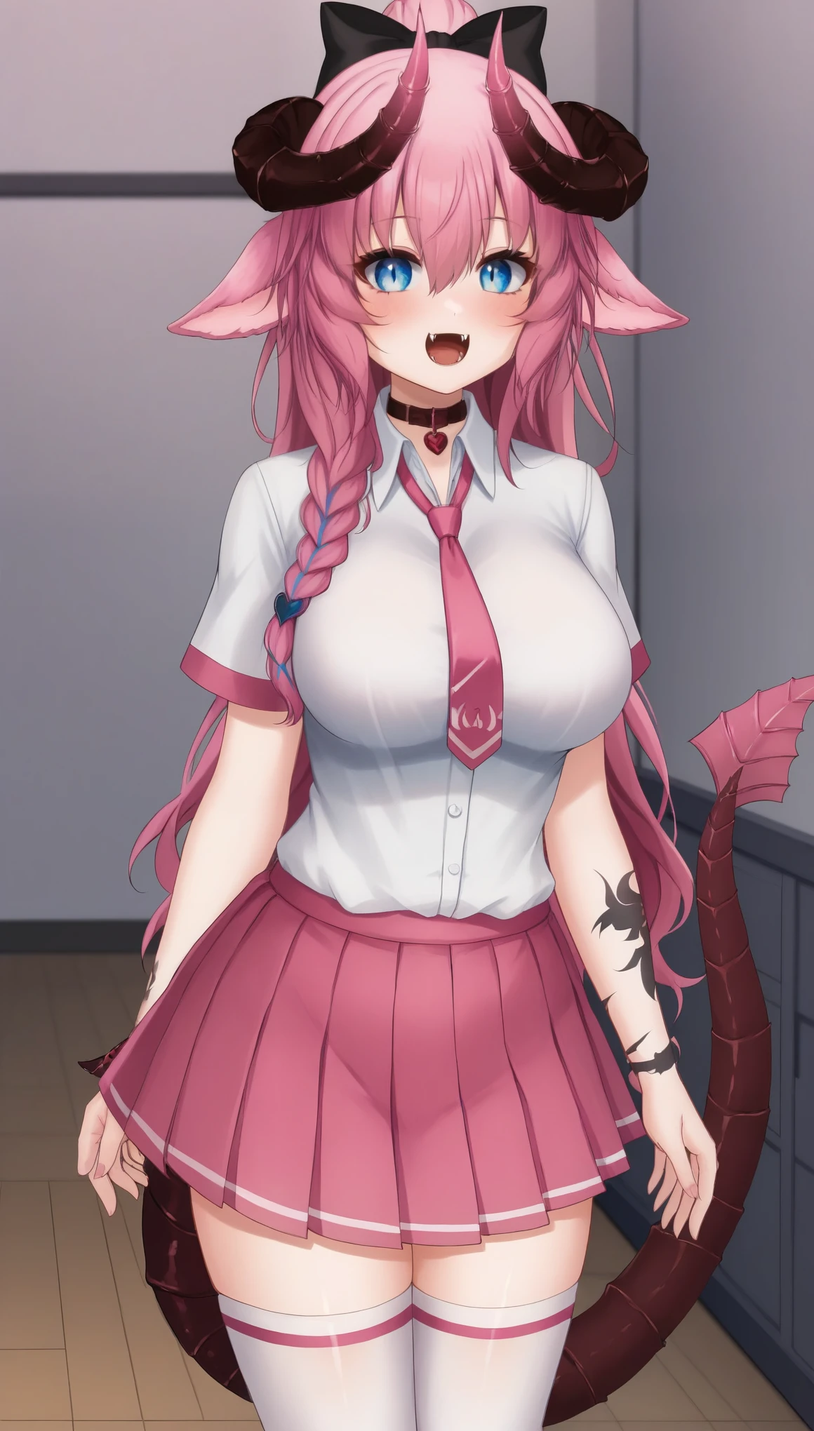 IrelythVTXL, blue eyes, colored eyes, pink hair, sidelocks, long hair, black bow, side braid, hair between eyes, animal ears, horns, fangs, black chocker, large breasts, collared shirt, white shirt, short sleeves, arm tattoo, pink necktie, pink skirt, pleated skirt, dragon tail, white thighhighs, shoes, solo, standing, looking at viewer, indoors