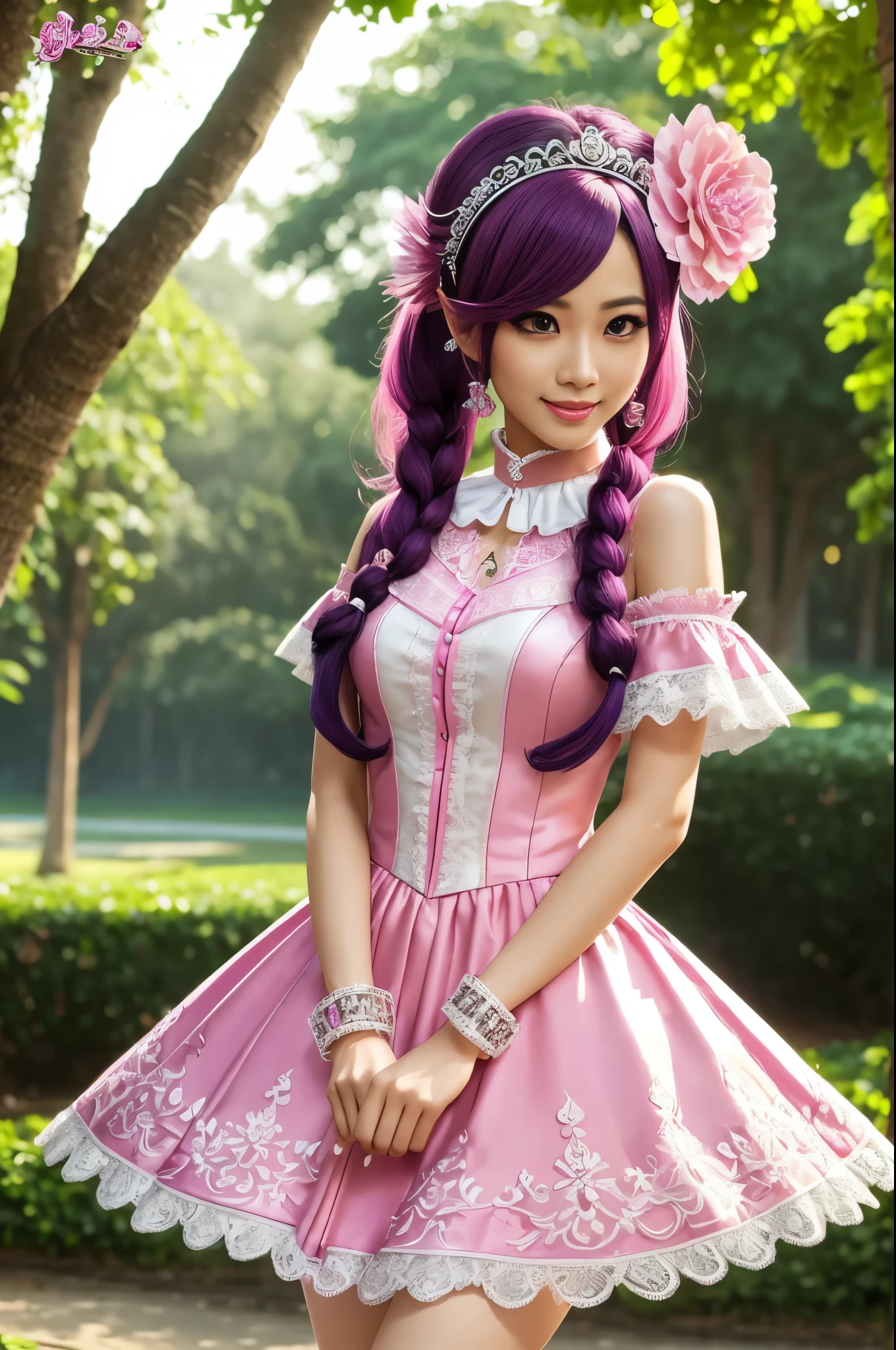 y stylish Thai model, only 1 female, long neon pink stylish hair, very detailed Victorian-Style boots, beautiful smile, very detailed eyes, vivid eye makeup, lipgloss, long lashes, defined eyebrows, ((sexaradise Kiss cosplay)), bell-shaped skirt, petticoats, high neckline, puffedeves, (( very detailed lace)), ((very detailed embroidery)), intricate details, Paradise Kiss accessoires and matching headpiece, choker, ((large sparkling Paradise Kiss jewelry)), cinematic light, detailed large park background with trees