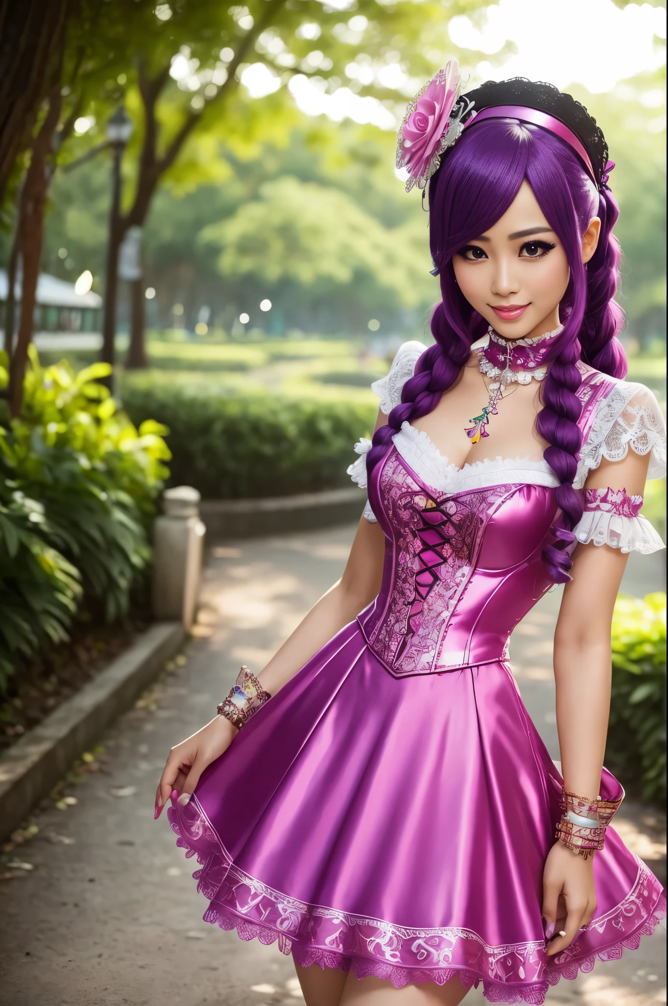 sexy stylish Thai model, only 1 female, long neon pink stylish hair, very detailed Victorian-Style boots, beautiful smile, very detailed eyes, vivid eye makeup, lipgloss, long lashes, defined eyebrows, ((sexy Paradise Kiss cosplay)), bell-shaped skirt, petticoats, high neckline, puffed sleeves, (( very detailed lace)), ((very detailed embroidery)), intricate details, Paradise Kiss accessoires and matching headpiece, choker, ((large sparkling Paradise Kiss jewelry)), cinematic light, detailed large park background with trees