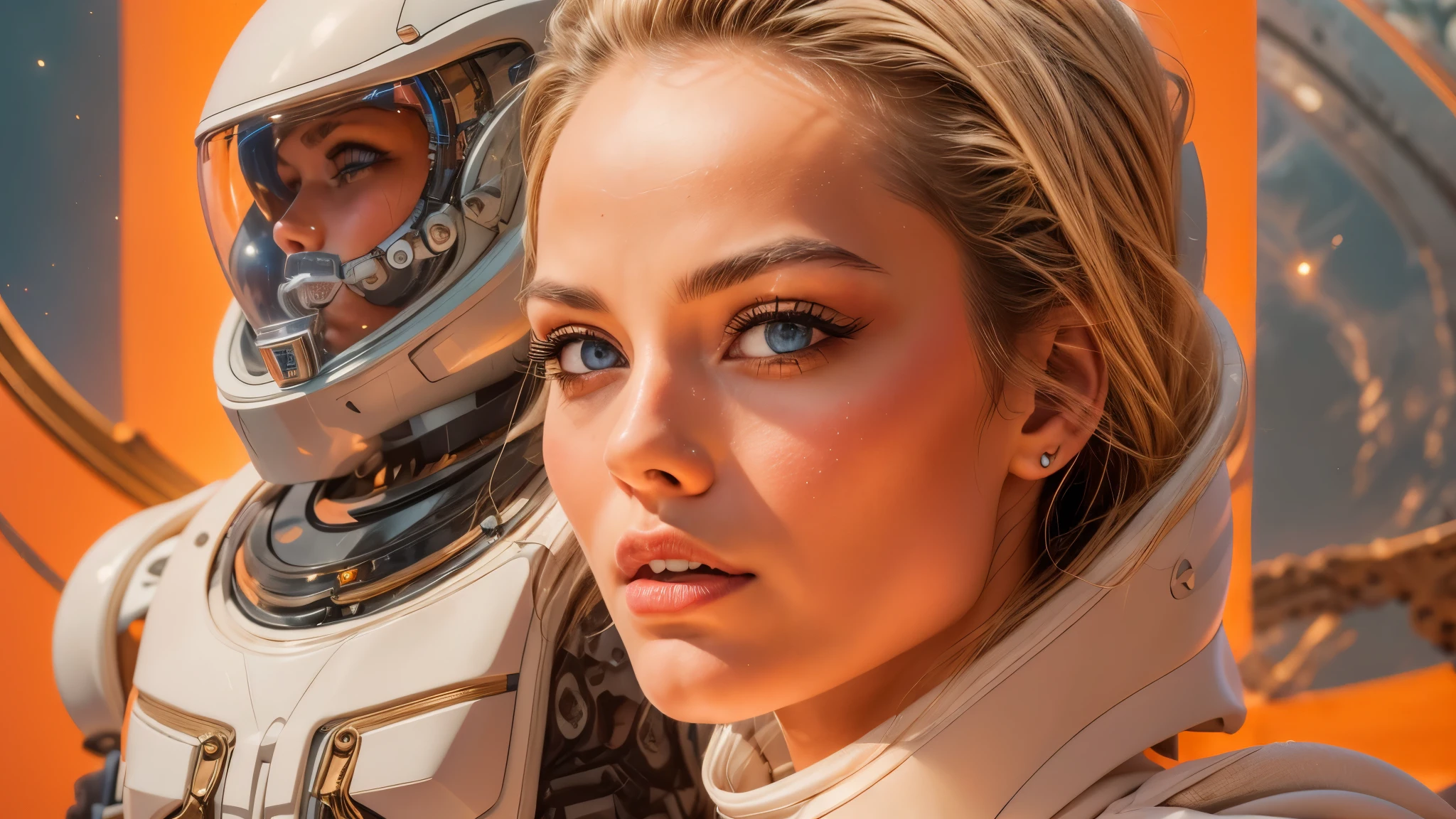 arafed image of a white woman in a futuristic suit with a spaceship in the background, movie art, in front of an orange background, inspired by Robert McGinnis, female protagonist, megastructure in the background, portrait of an ai astronaut, astronauts, an astronaut, portrait of a astronaut skeletor, perfect android girl, detailed eyes, perfectly detailed teeth, frank franzzeta and sakimichan