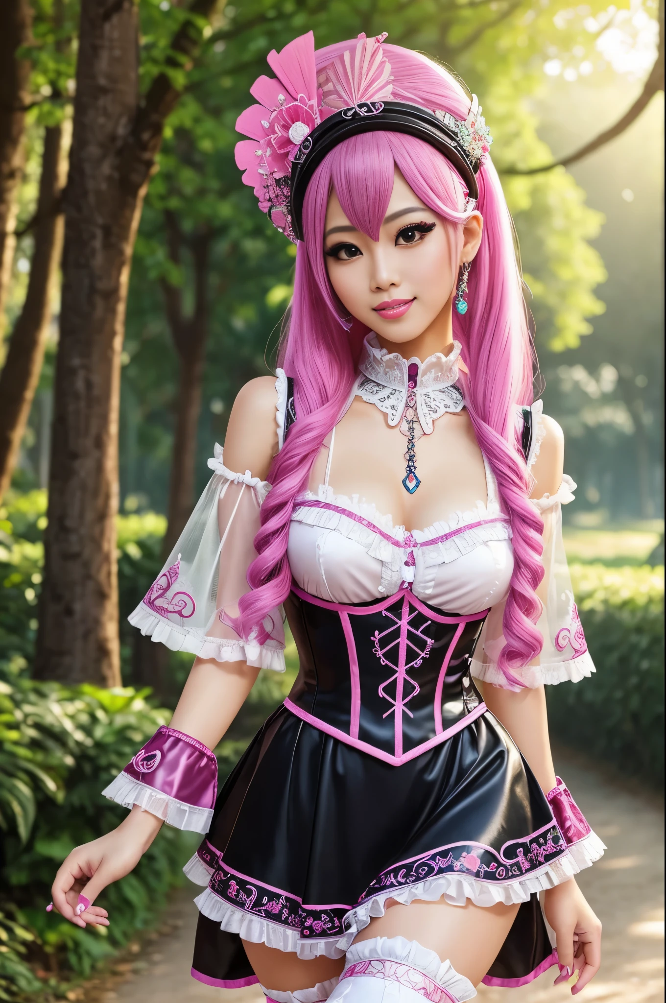 sexy stylish Thai model, only 1 female, long neon pink stylish hair, very detailed Victorian-Style boots, beautiful smile, very detailed eyes, vivid eye makeup, lipgloss, long lashes, defined eyebrows, ((sexy Paradise Kiss cosplay)), bell-shaped skirt, petticoats, high neckline, puffed sleeves, (( very detailed lace)), ((very detailed embroidery)), intricate details, Paradise Kiss accessoires and matching headpiece, choker, ((large sparkling Paradise Kiss jewelry)), cinematic light, detailed large park background with trees