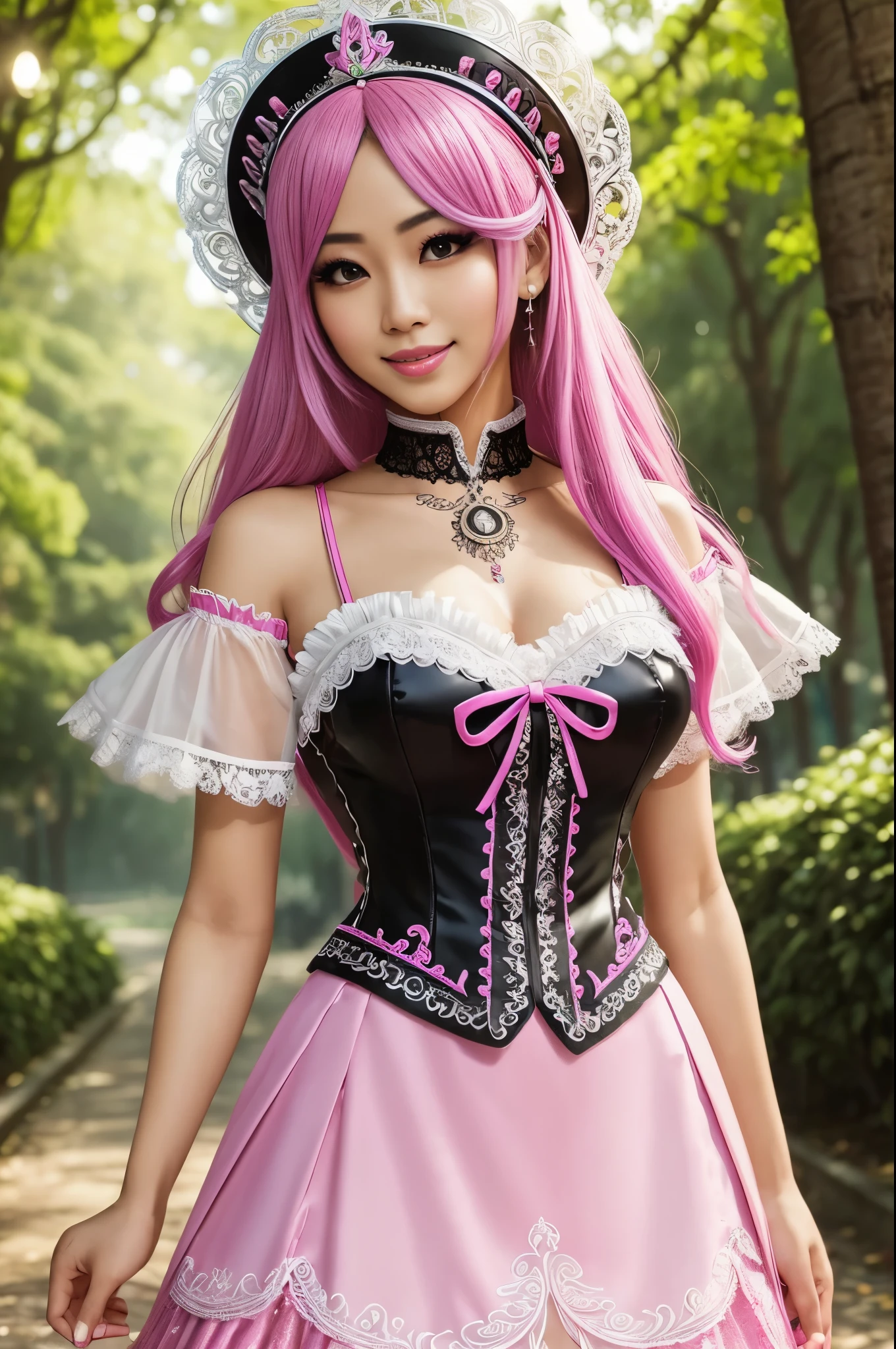 sexy stylish Thai model, only 1 female, long neon pink stylish hair, very detailed Victorian-Style boots, beautiful smile, very detailed eyes, vivid eye makeup, lipgloss, long lashes, defined eyebrows, ((sexy Paradise Kiss cosplay)), bell-shaped skirt, petticoats, high neckline, puffed sleeves, (( very detailed lace)), ((very detailed embroidery)), intricate details, Paradise Kiss accessoires and matching headpiece, choker, ((large sparkling Paradise Kiss jewelry)), cinematic light, detailed large park background with trees